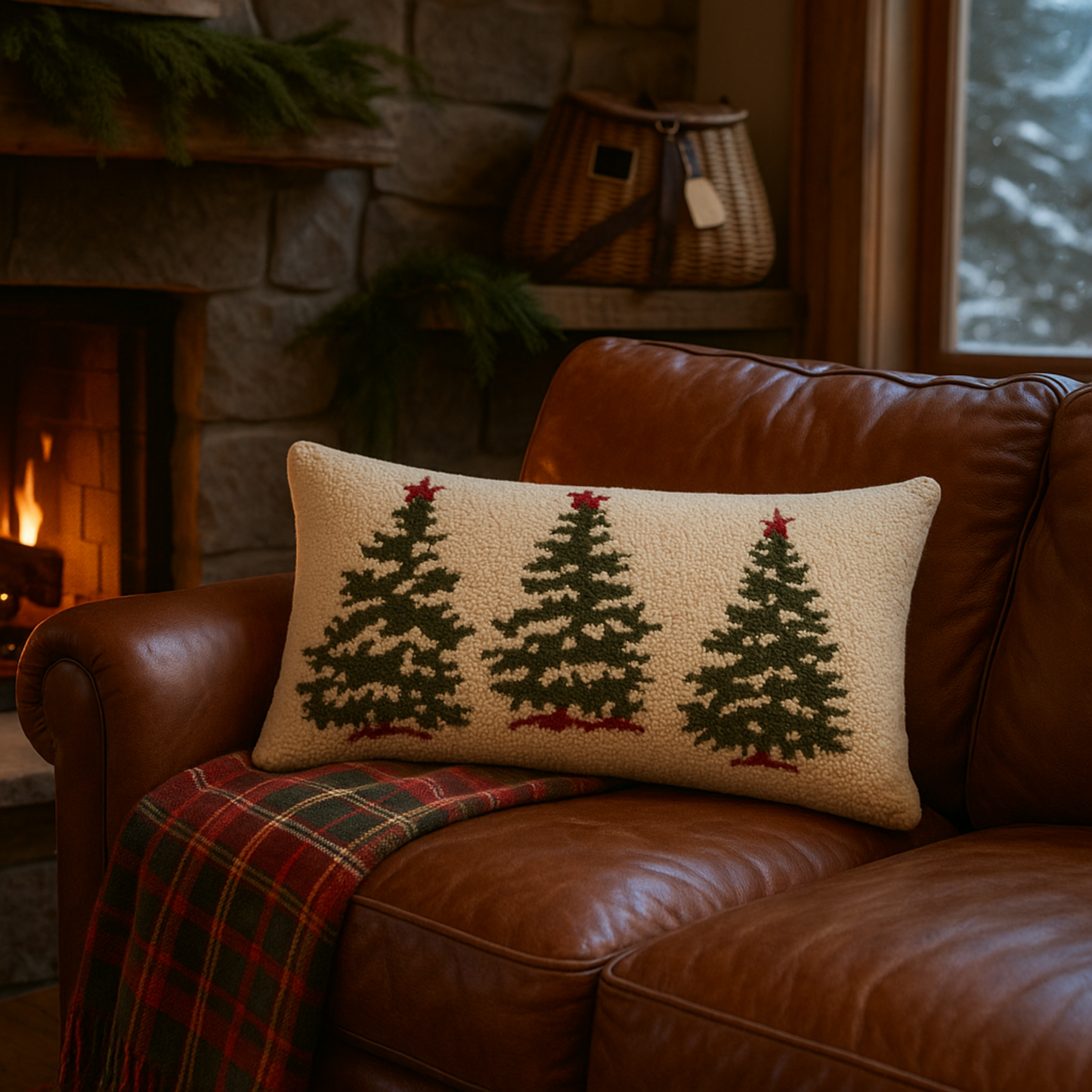  Ivory hooked-wool lumbar pillow with three green Christmas trees and red stars, 15 by 30 inches.