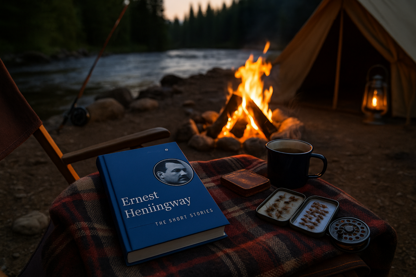 Book by Ernest Hemingway on a campfire with a tent and river in the background