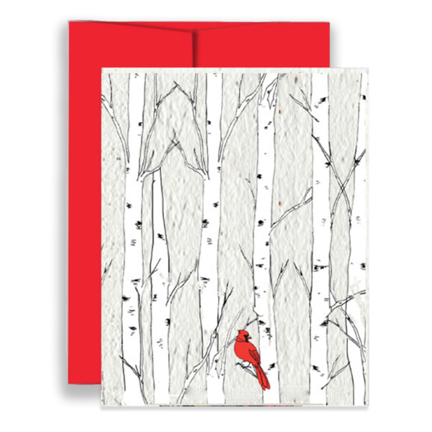 Card with red border and illustration of a cardinal in a forest design on a white background