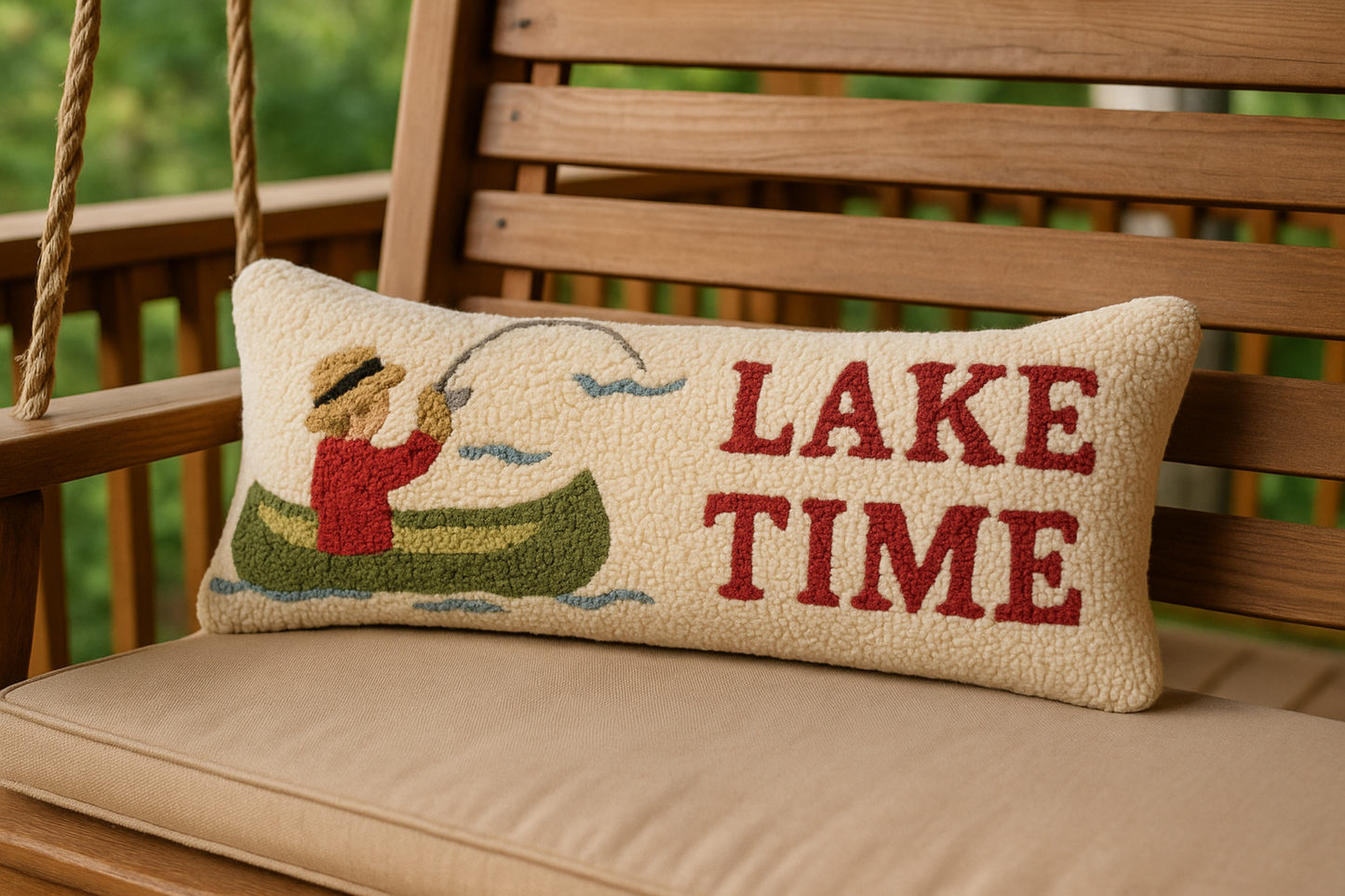 Lake Time hand-hooked wool lumbar pillow with canoe fisherman artwork, 8x24, Laura Megroz design