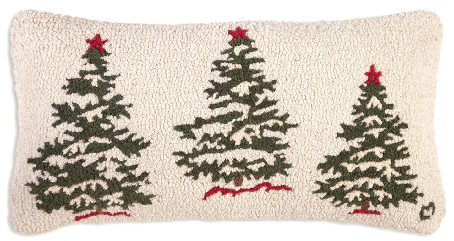  Ivory hooked-wool lumbar pillow with three green Christmas trees and red stars, 15 by 30 inches.