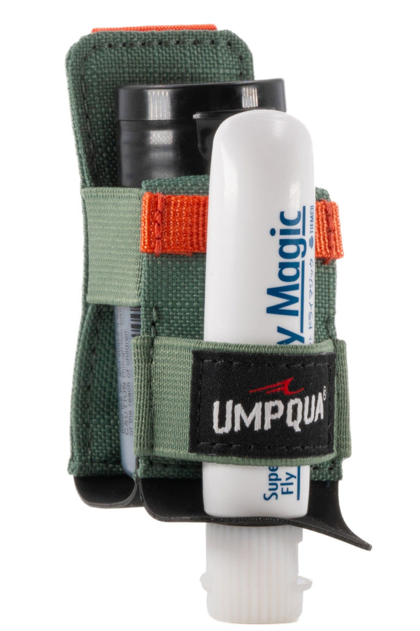 The combination of gel and shake floatants is essential for fly fishing success. Keep them together and easily accessible. The universal attachment design allows for secure and simple connection to web loops, D-rings, and MOLLE systems. It integrates seamlessly with the NorthFork pack line’s VersiLoop system, providing an added level of hook-and-loop stabilization. It holds a wide range of the most commonly used gel and powder desiccants on the market.