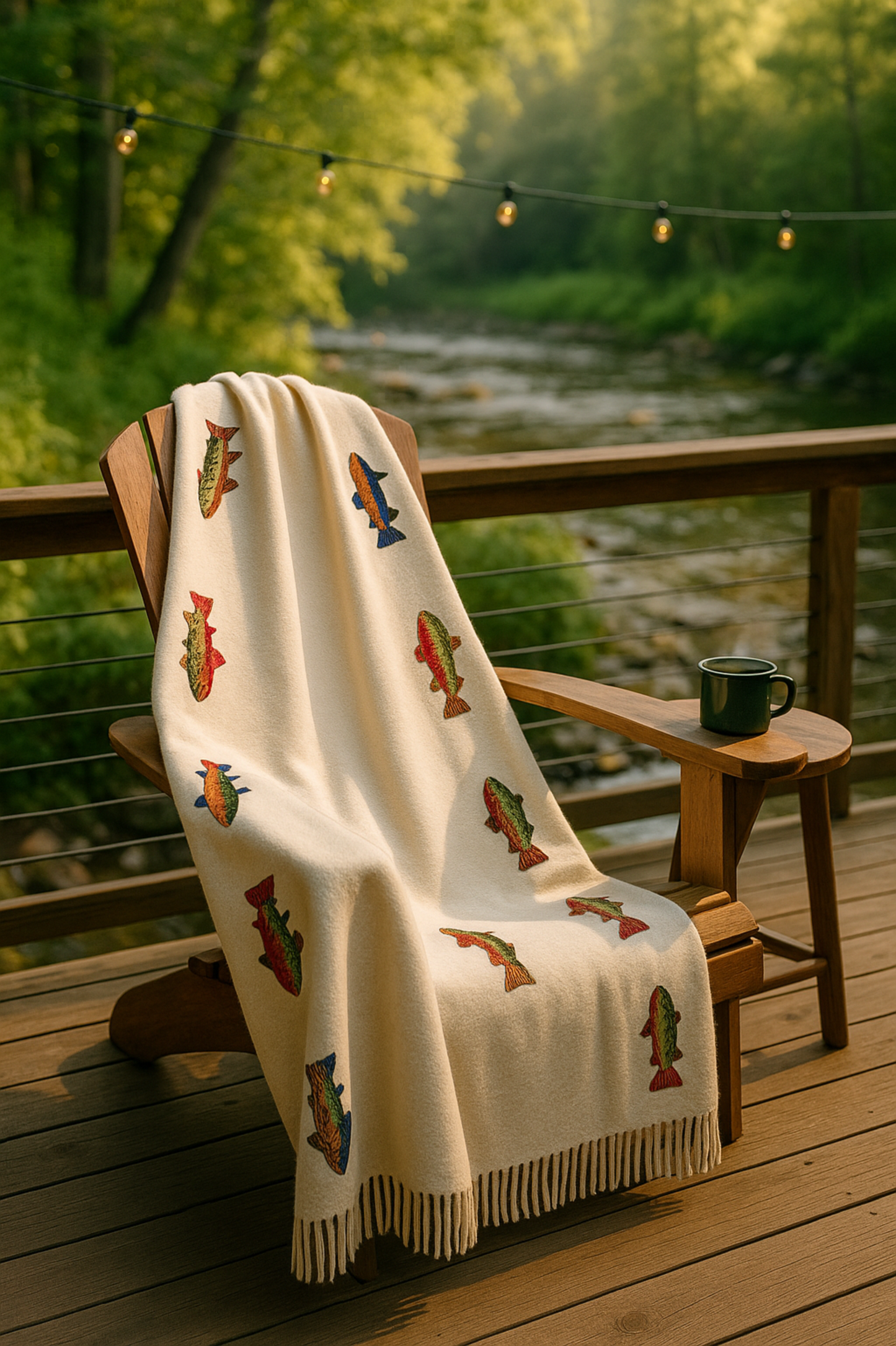 Blanket with fish pattern draped over a wooden chair on a deck overlooking a river.
