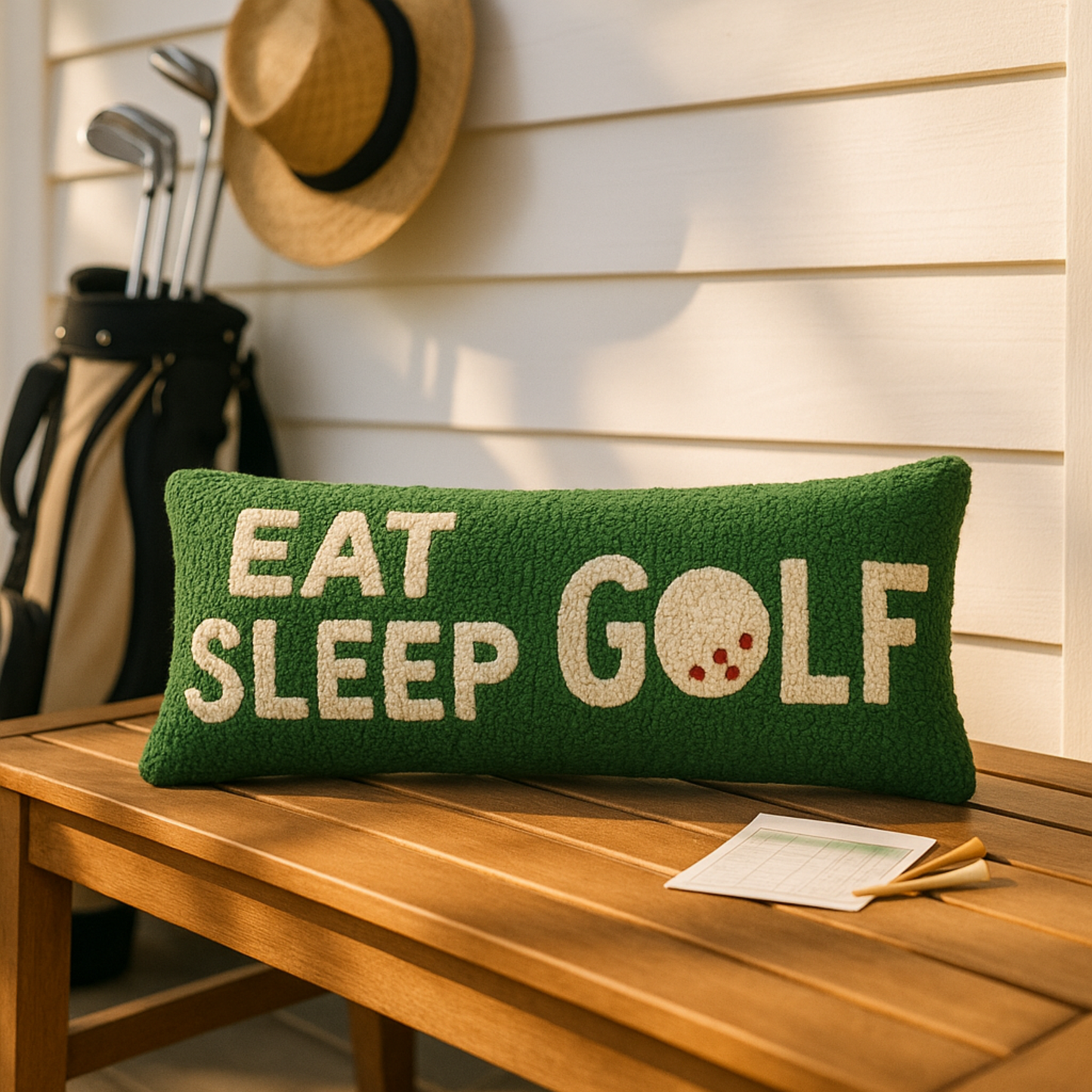 Eat Sleep Golf hand-hooked wool lumbar pillow in fairway green, 8x24, Laura Megroz design