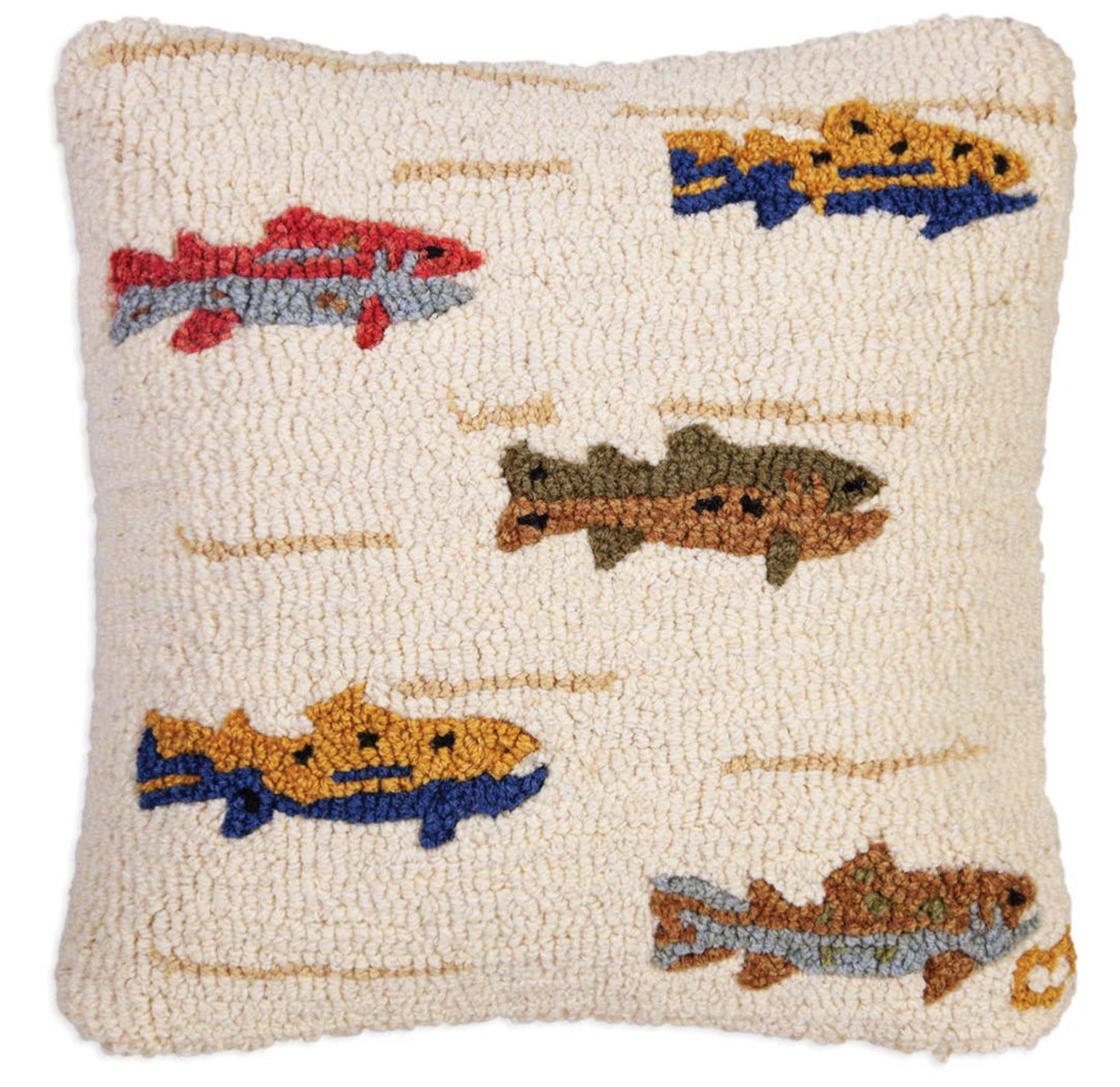Decorative pillow with embroidered fish patterns on a white background