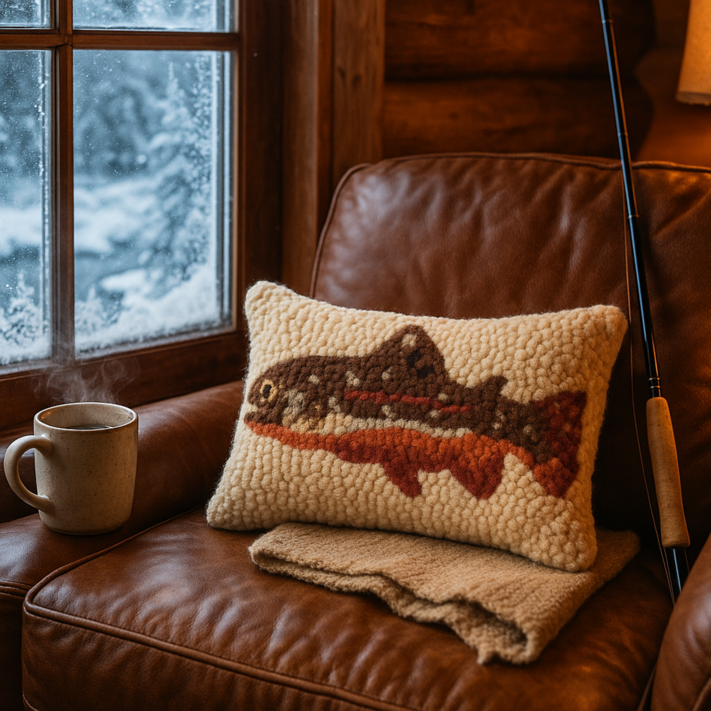Hand-hooked wool lumbar pillow with Laura Megroz Maple Trout on cream background, 8 by 12 inches