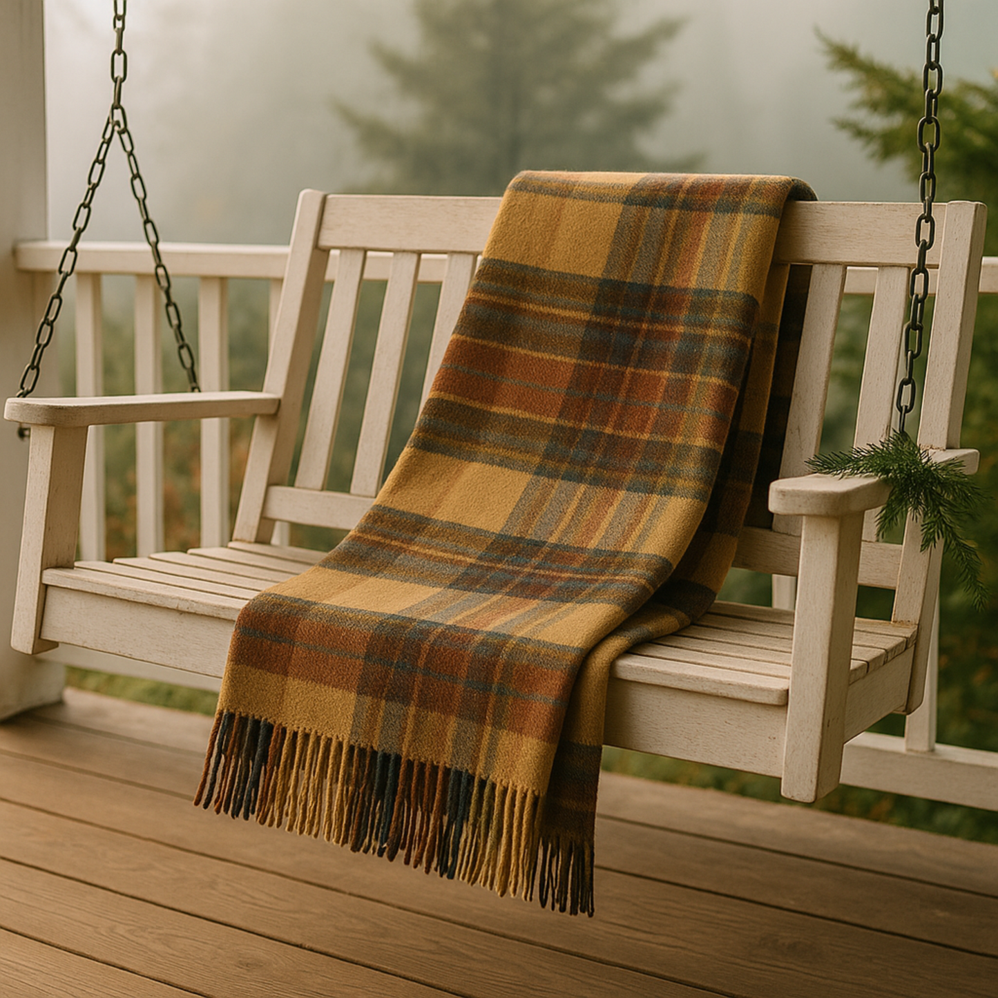 Highland Tweeds Shetland lambswool throw in Antique Dress plaid with fringe – tan, russet, blue