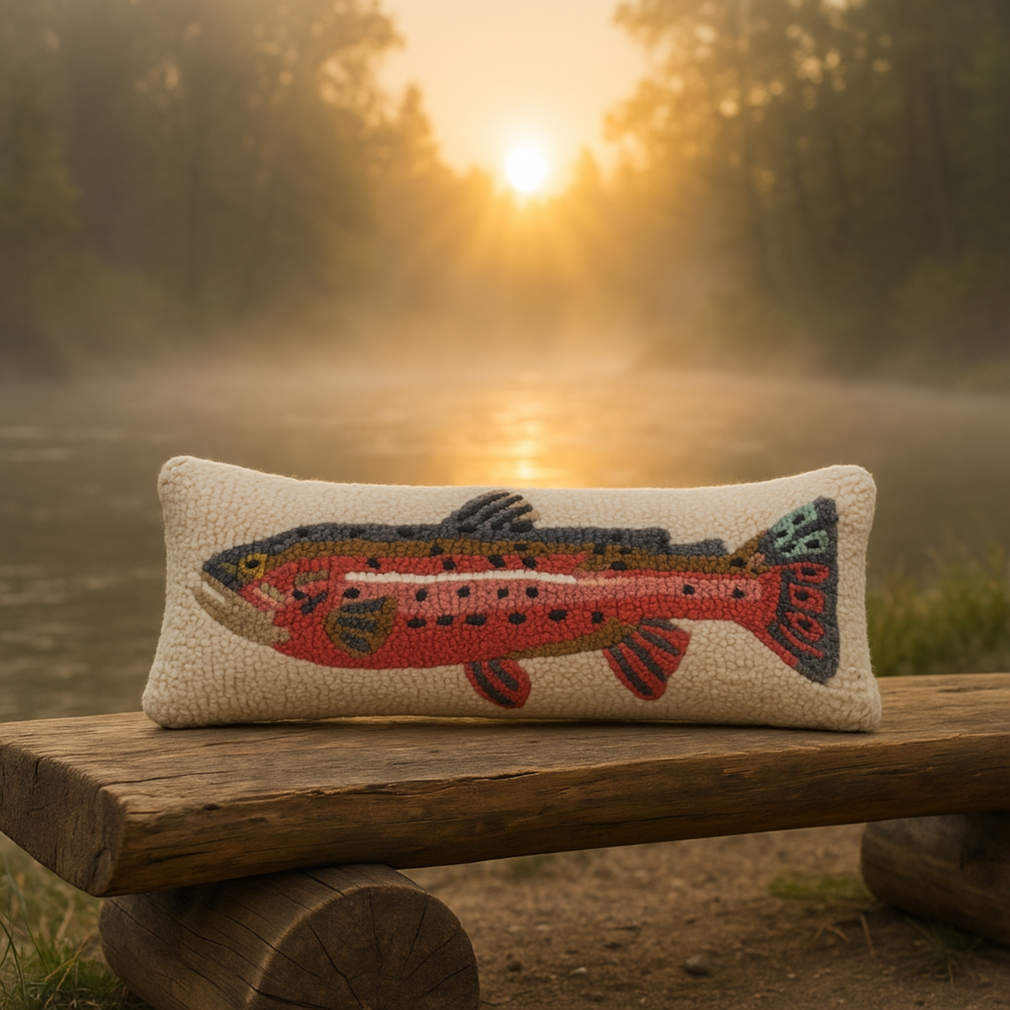 Decorative pillow with fish design on a wooden bench by a misty lake at sunset.