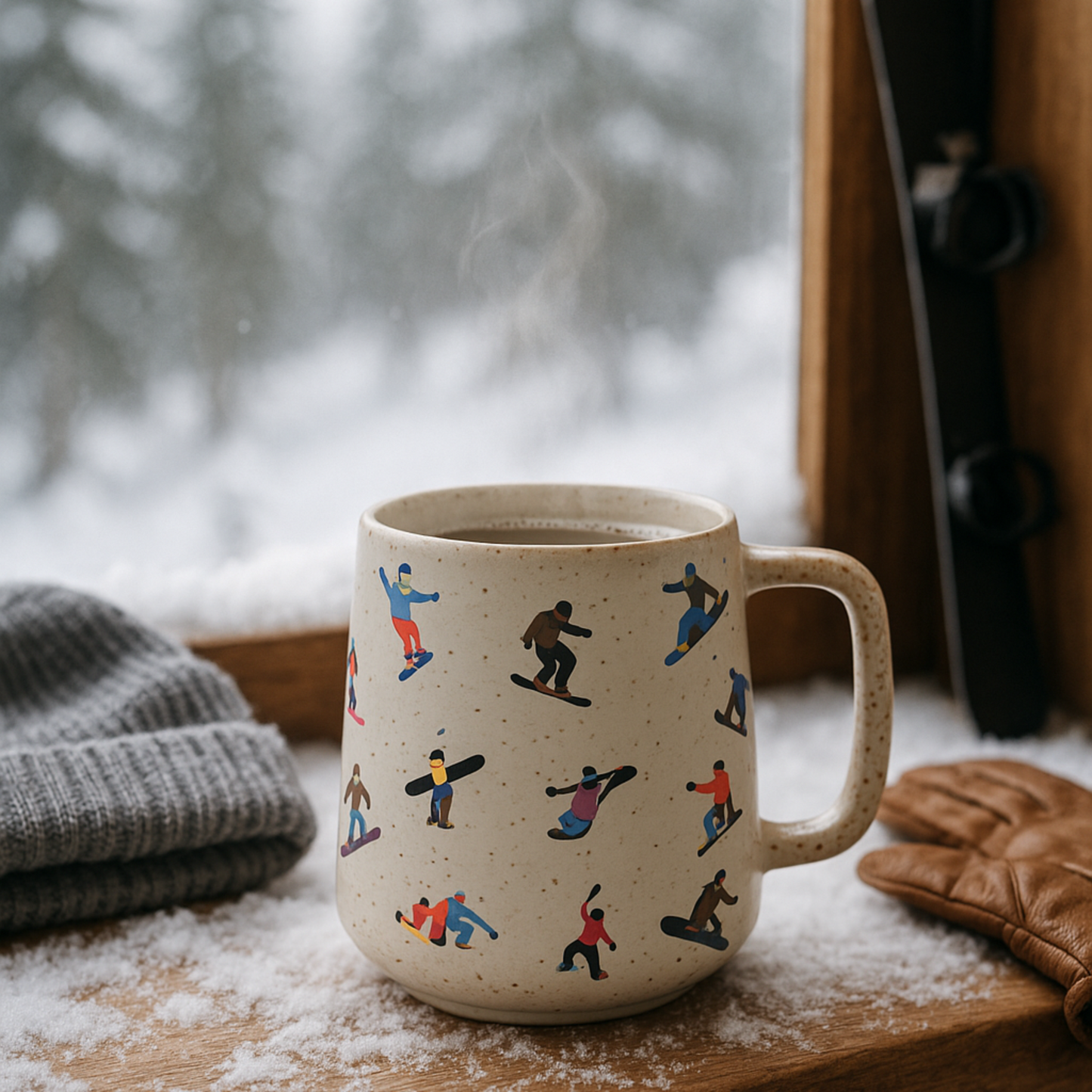 Mug with skiing design on a windowsill with snow and skis in the background