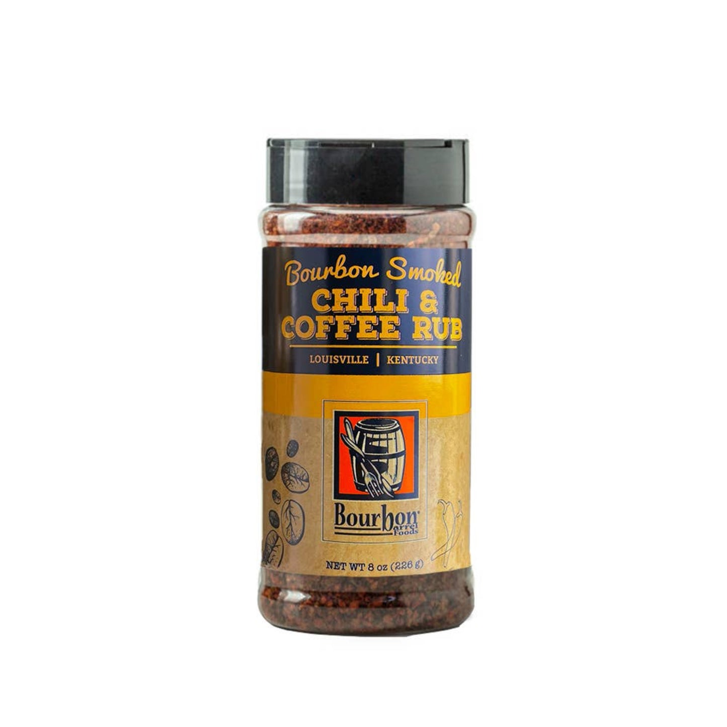 Bottle of Bourbon Smoked Chili & Coffee Rub on a white background