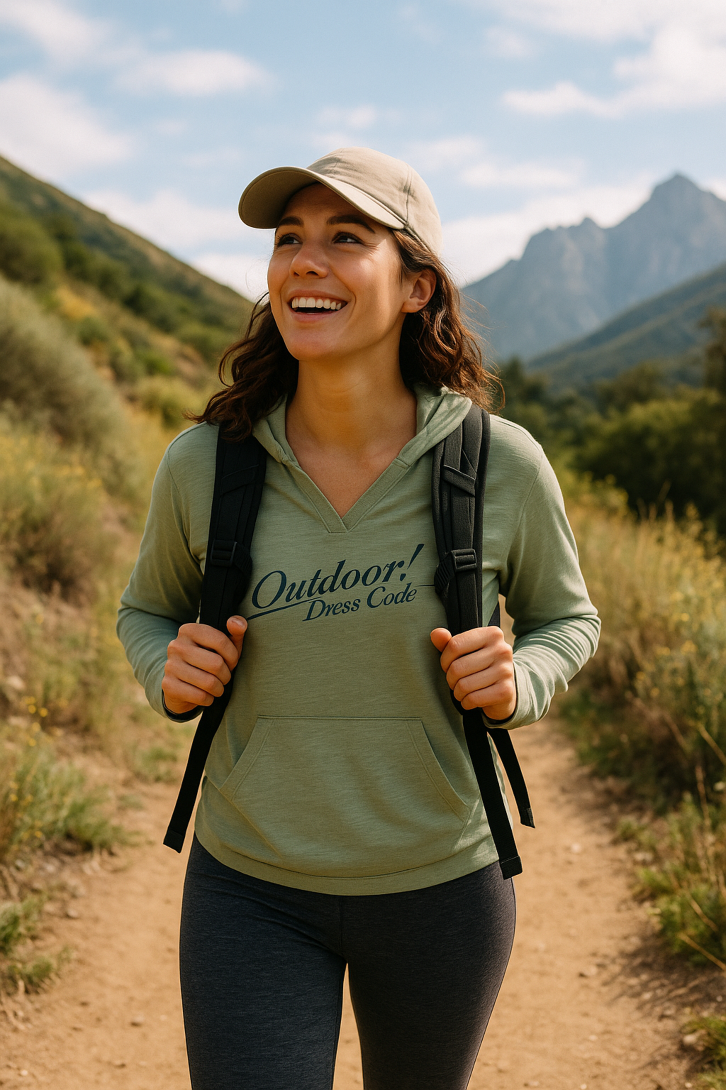 Woman hiking with a backpack in a mountainous area wearing an 'Outdoor Dress Code' shirt.