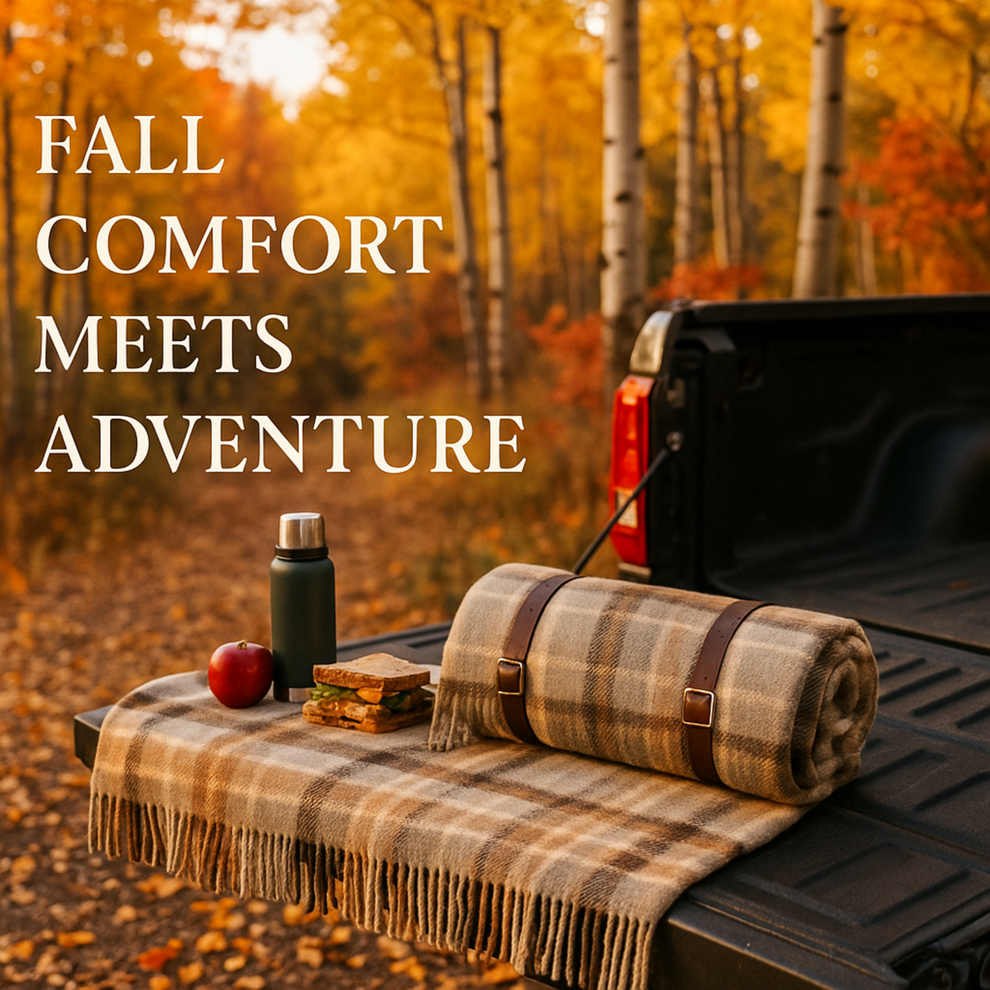 Truck bed with picnic setup, plaid blanket, thermos, apple, and sandwich with autumn forest background.