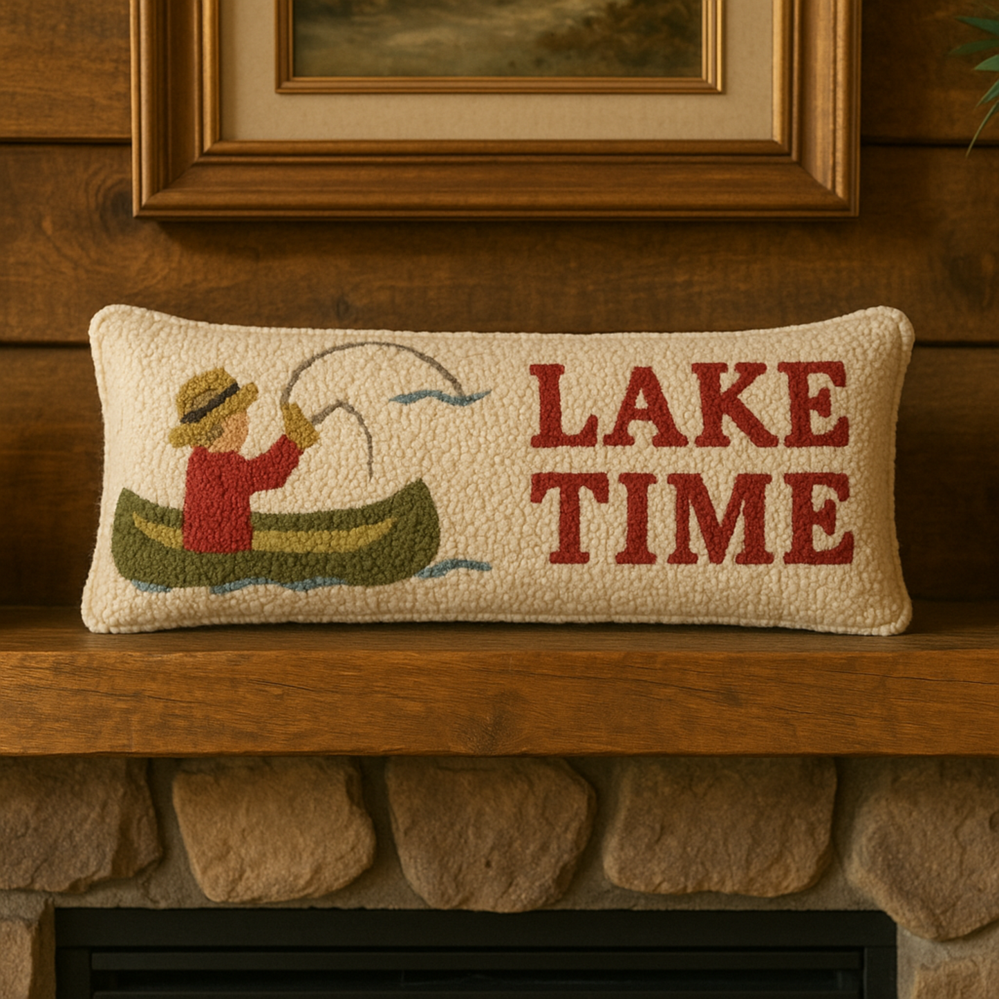 Decorative pillow with 'Lake Time' text and fishing design on a wooden mantel.