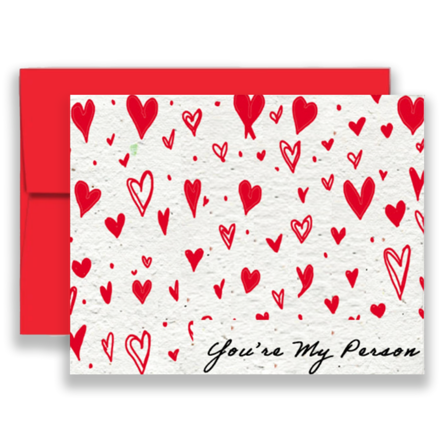 Card with red heart pattern and red envelope on white background