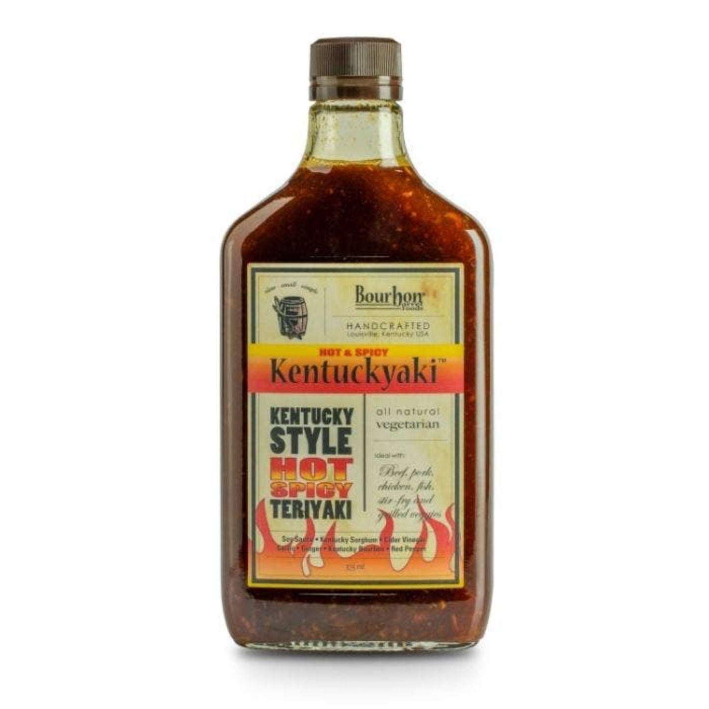 Bottle of Kentuckyaki hot spicy teriyaki sauce on a white background