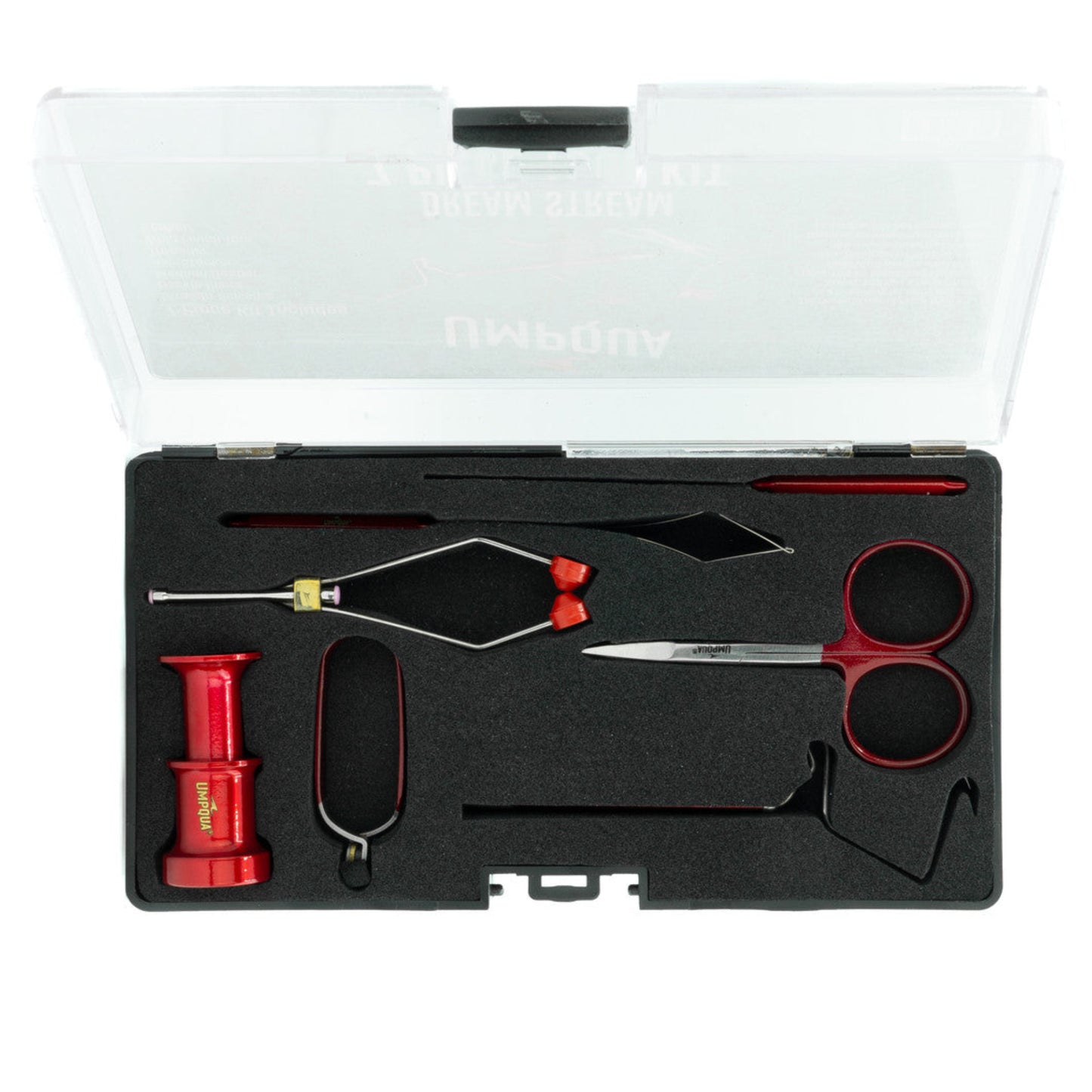 Set of fishing tools including scissors, hooks, and a container on a white background