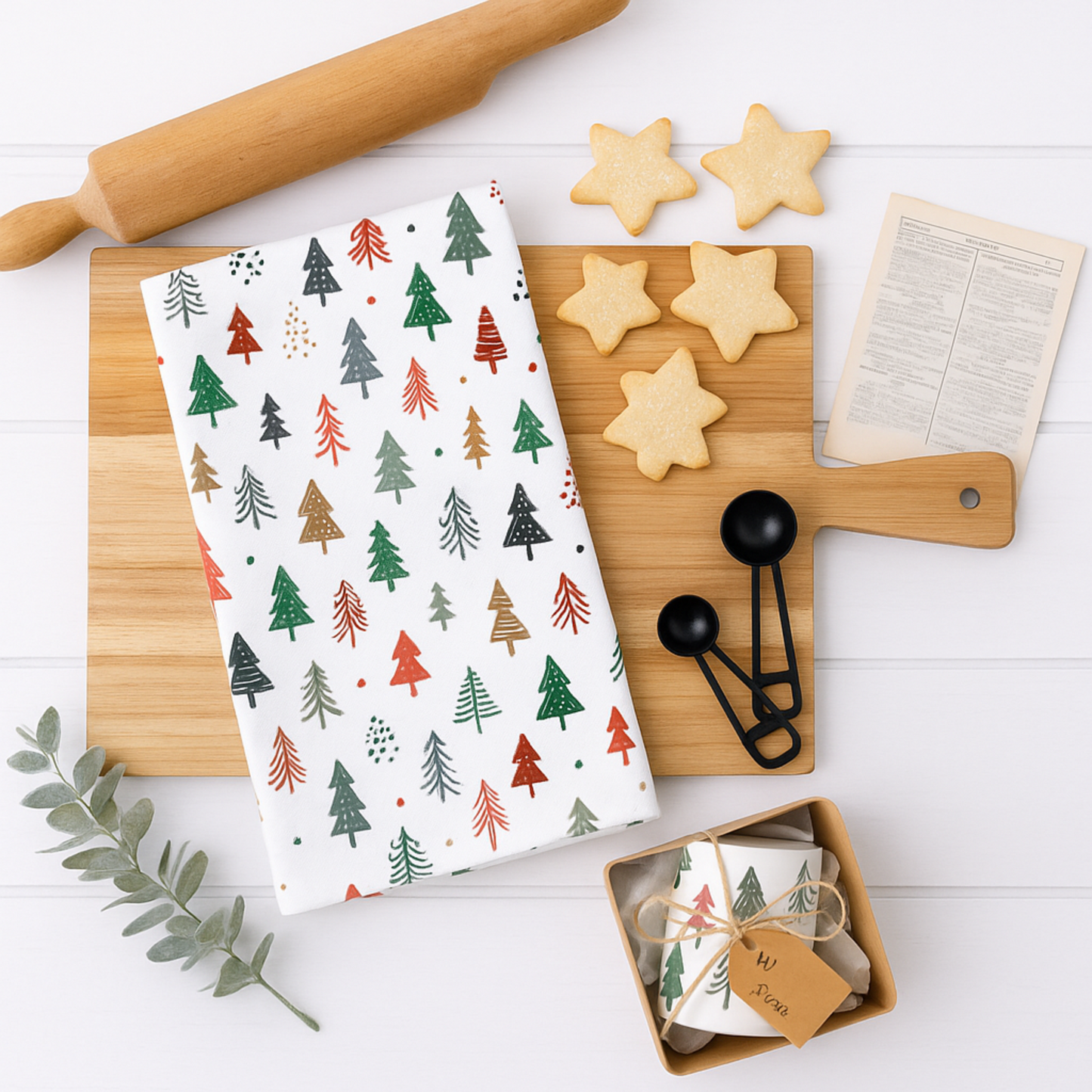 Baking scene with a Christmas-themed towel, rolling pin, star-shaped cookies, and a box of tea on a white surface.