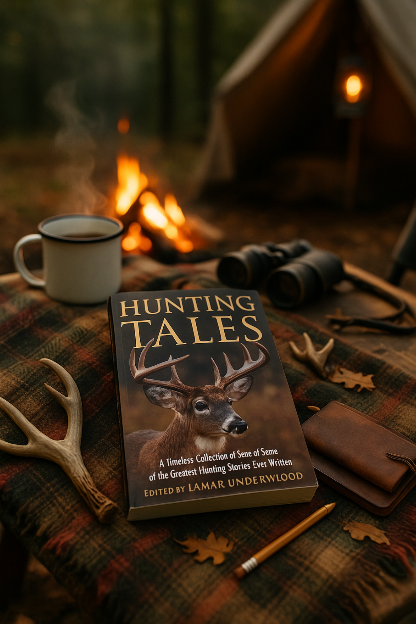 Book titled 'Hunting Tales' on a table with a campfire and camping gear in the background