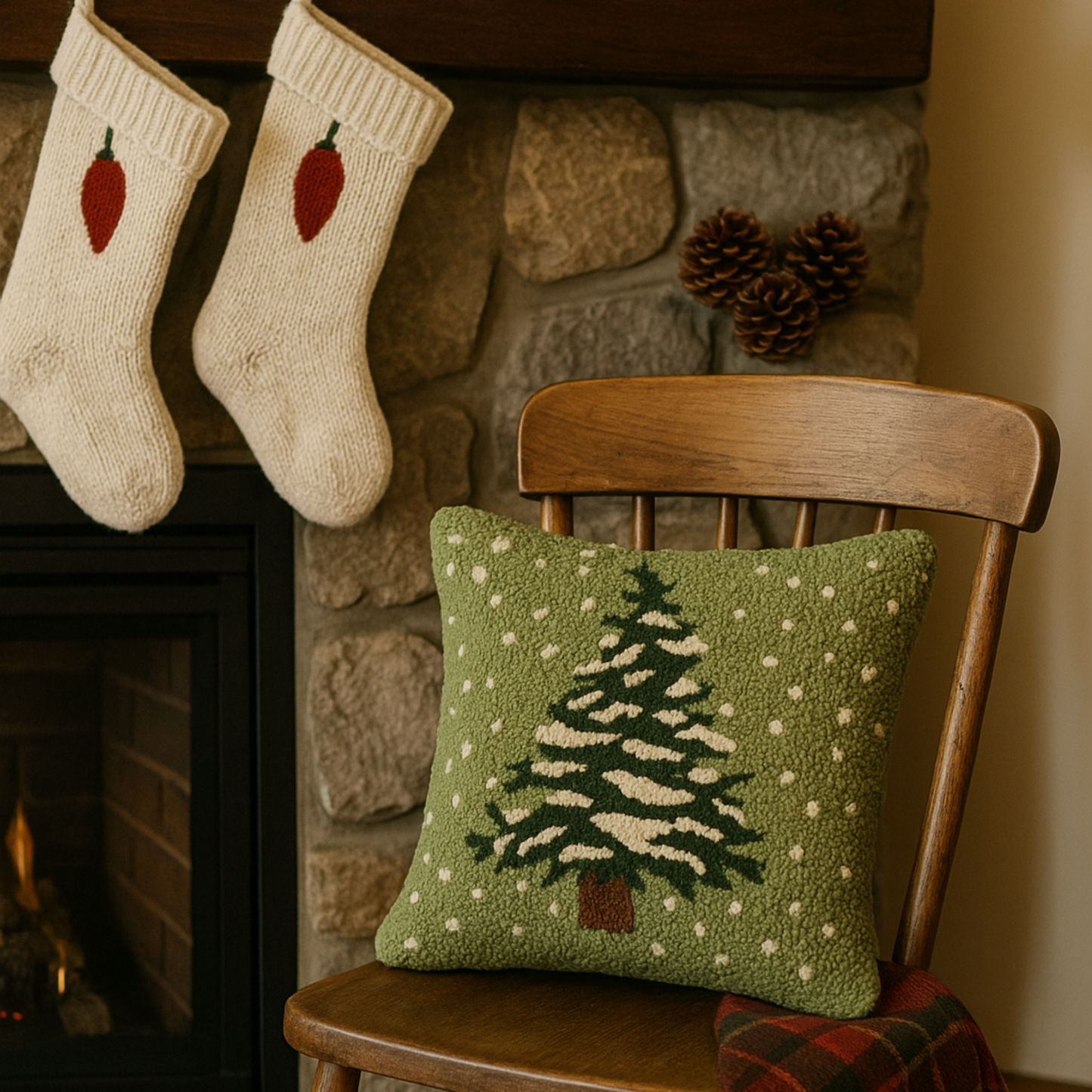 Green pillow with a Christmas tree design on a wooden chair in front of a stone fireplace.