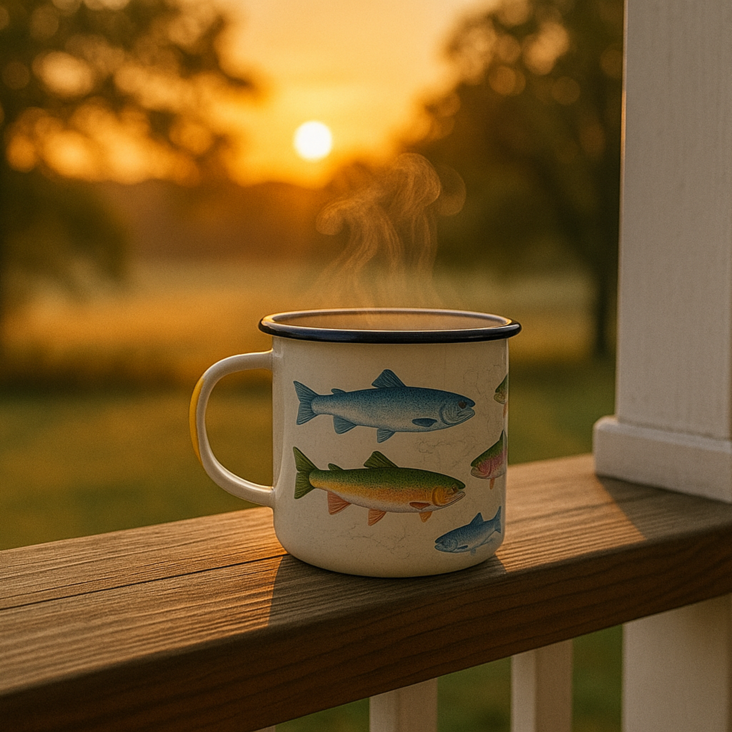 Mug with fish design on a railing during sunset
