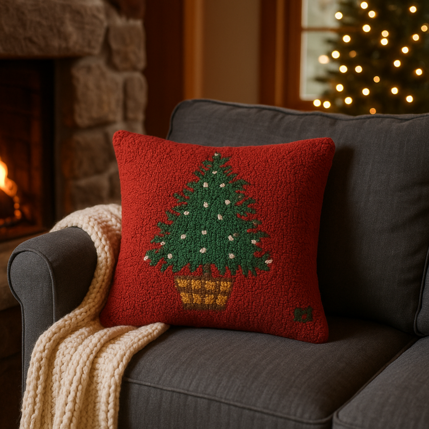 Red hooked-wool pillow with green Christmas tree in a basket, square accent