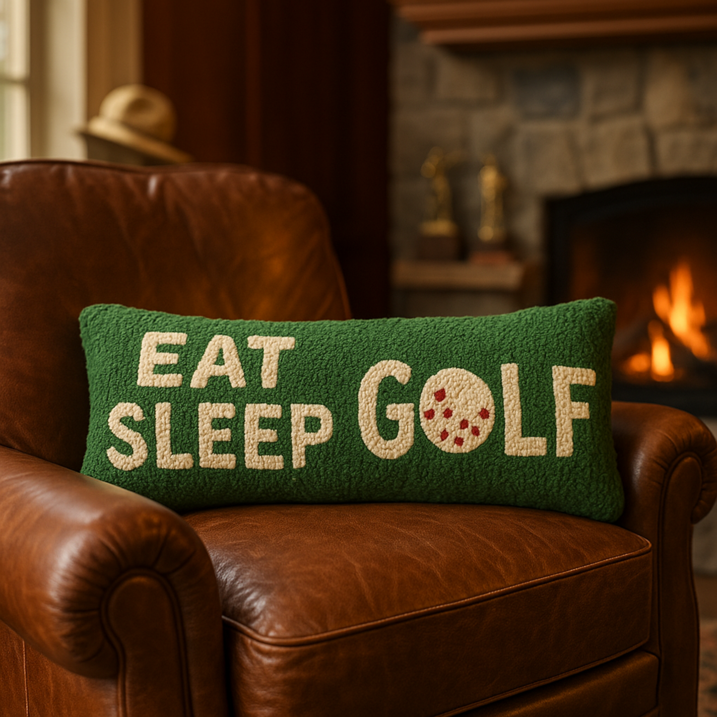 Eat Sleep Golf hand-hooked wool lumbar pillow in fairway green, 8x24, Laura Megroz design