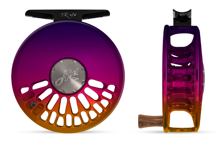 Abel TR 4/5 fly fishing reel in sunset fade finish with walnut handle - premium lightweight design featuring click-pawl system and large arbor spool