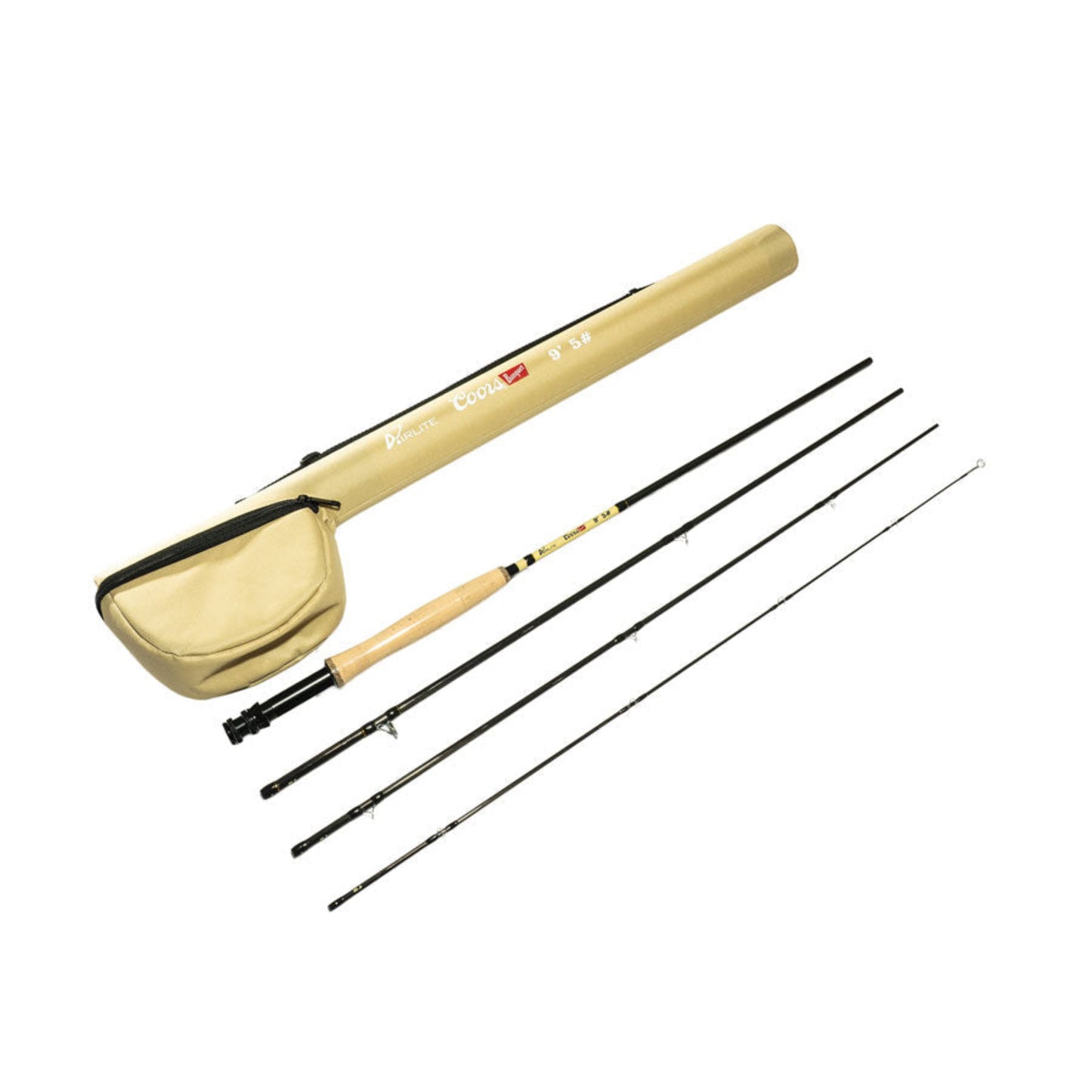 Fishing rod with four sections and beige carrying case on a white background