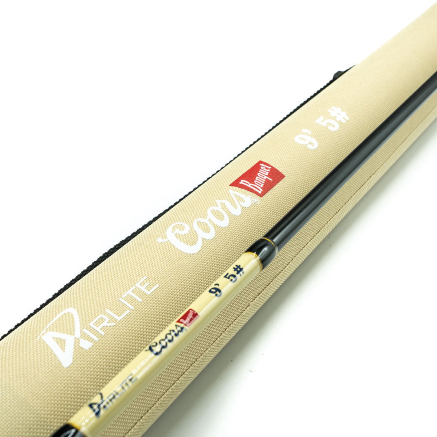 Fishing rod in a beige case with brand logos on a white background