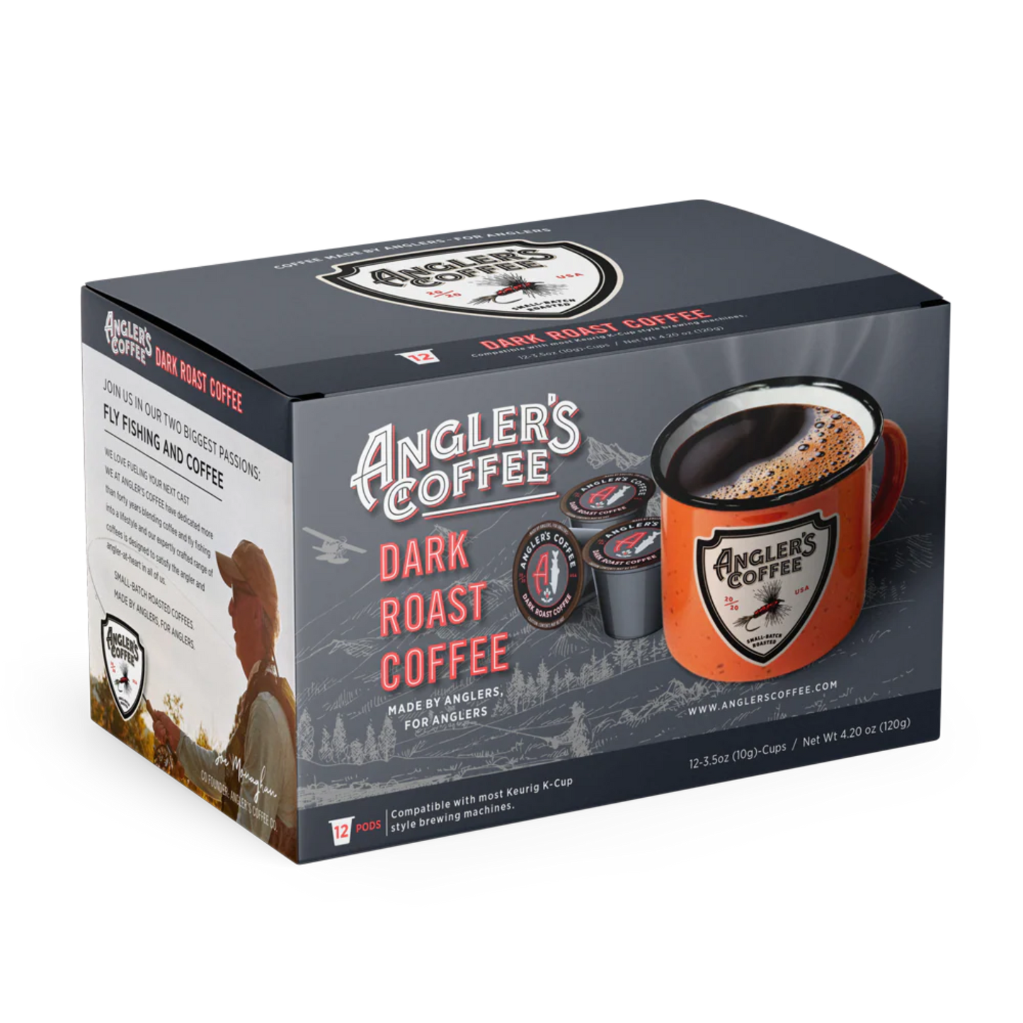 Angler's Coffee Single Serve Coffee Pods Dark Roast box showing 12 recyclable K-cups compatible with Keurig brewers