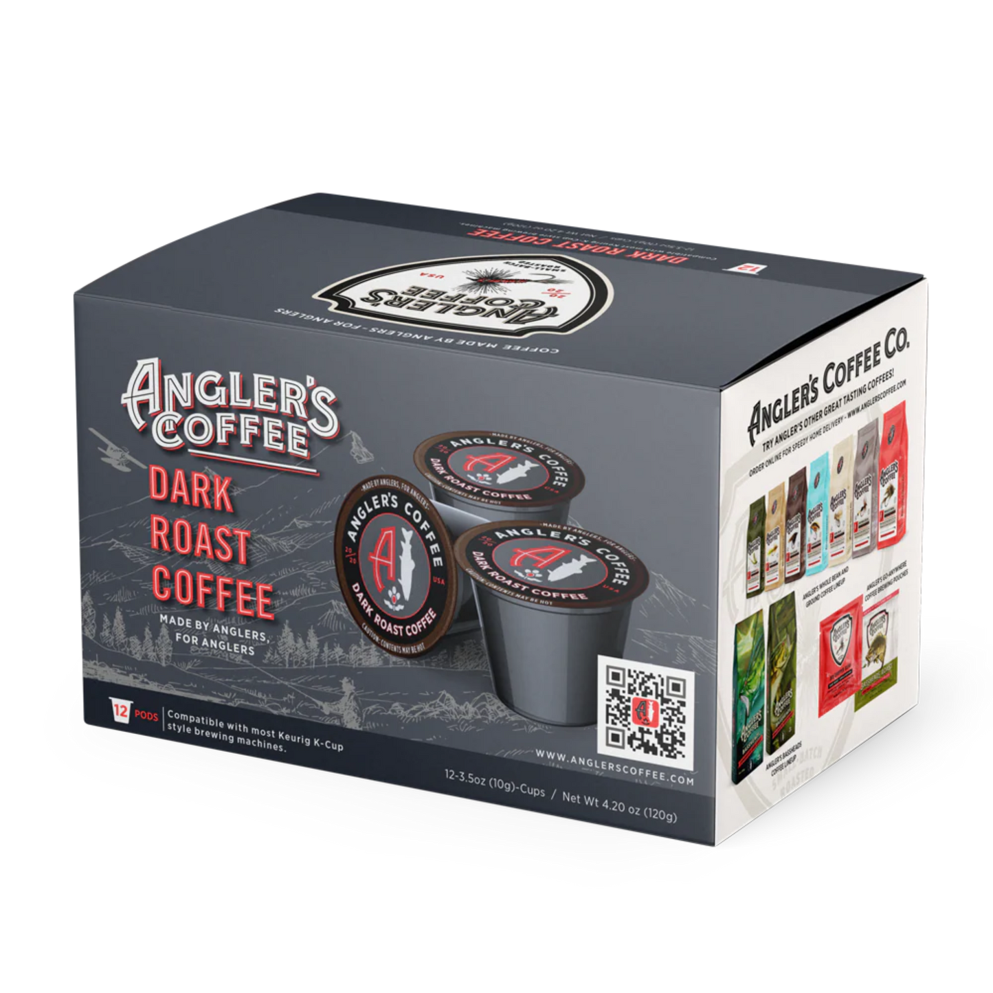 Close-up of Angler's Coffee Dark Roast single serve coffee pod showing nitrogen-flushed freshness seal" or "Angler's Coffee Dark Roast K-cup pods arranged showing Colombian single origin coffee packaging
