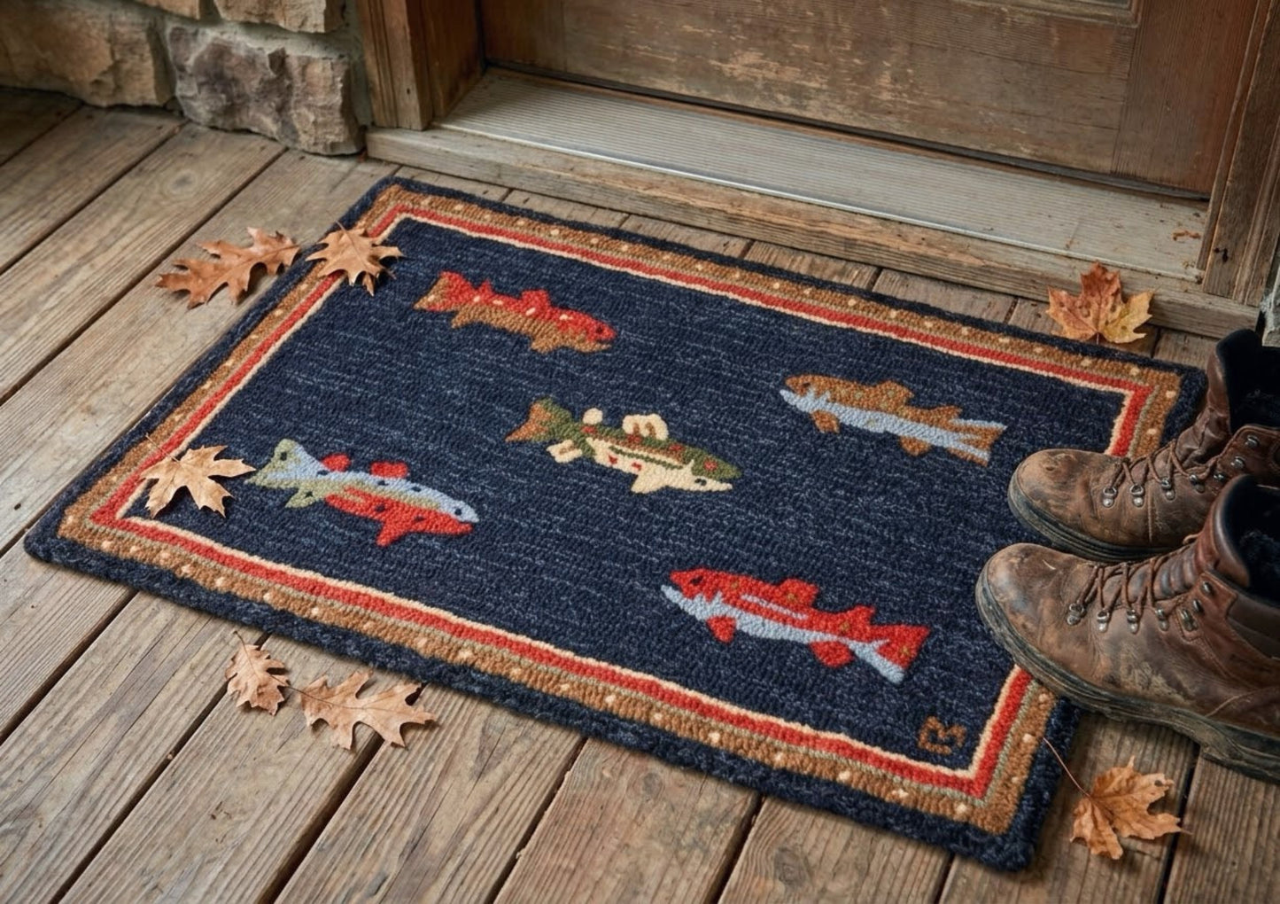 Doormat with fish design on a wooden floor, boots nearby