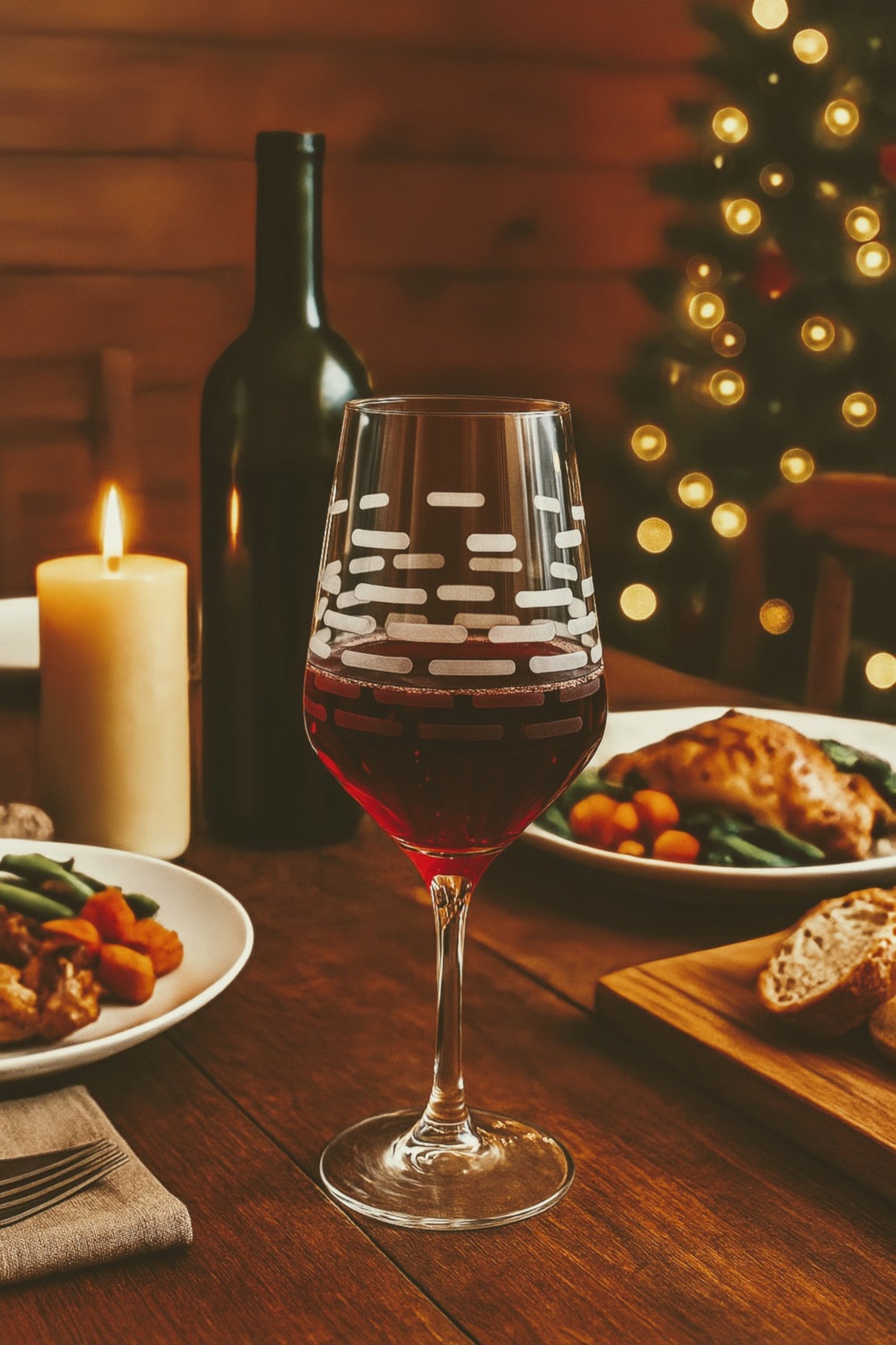Wine glass with red wine on a table with food and a candle, Christmas tree in the background