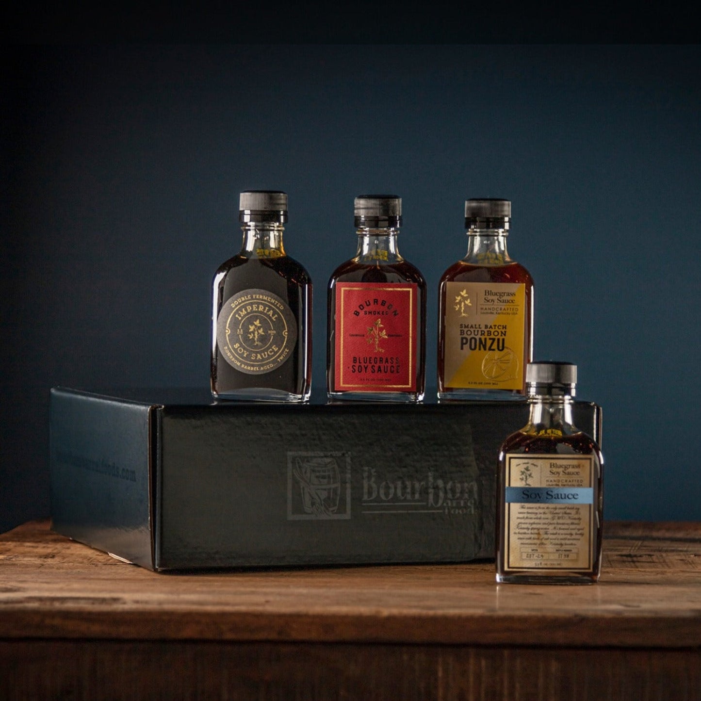 This gift set is the perfect way to sample our full line of artisan, Kentucky-crafted soy sauces, including our flagship Bluegrass Soy Sauce, Imperial Double Fermented, Bourbon Smoked Bluegrass, and Small Batch Bourbon Ponzu.