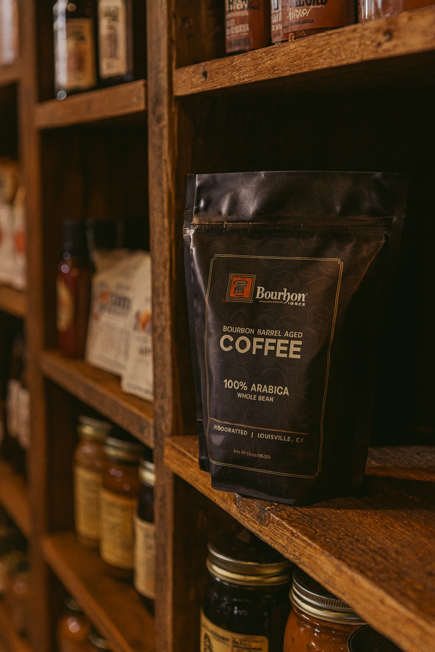 Bourbon Barrel Aged Coffee package on a wooden shelf with other products.