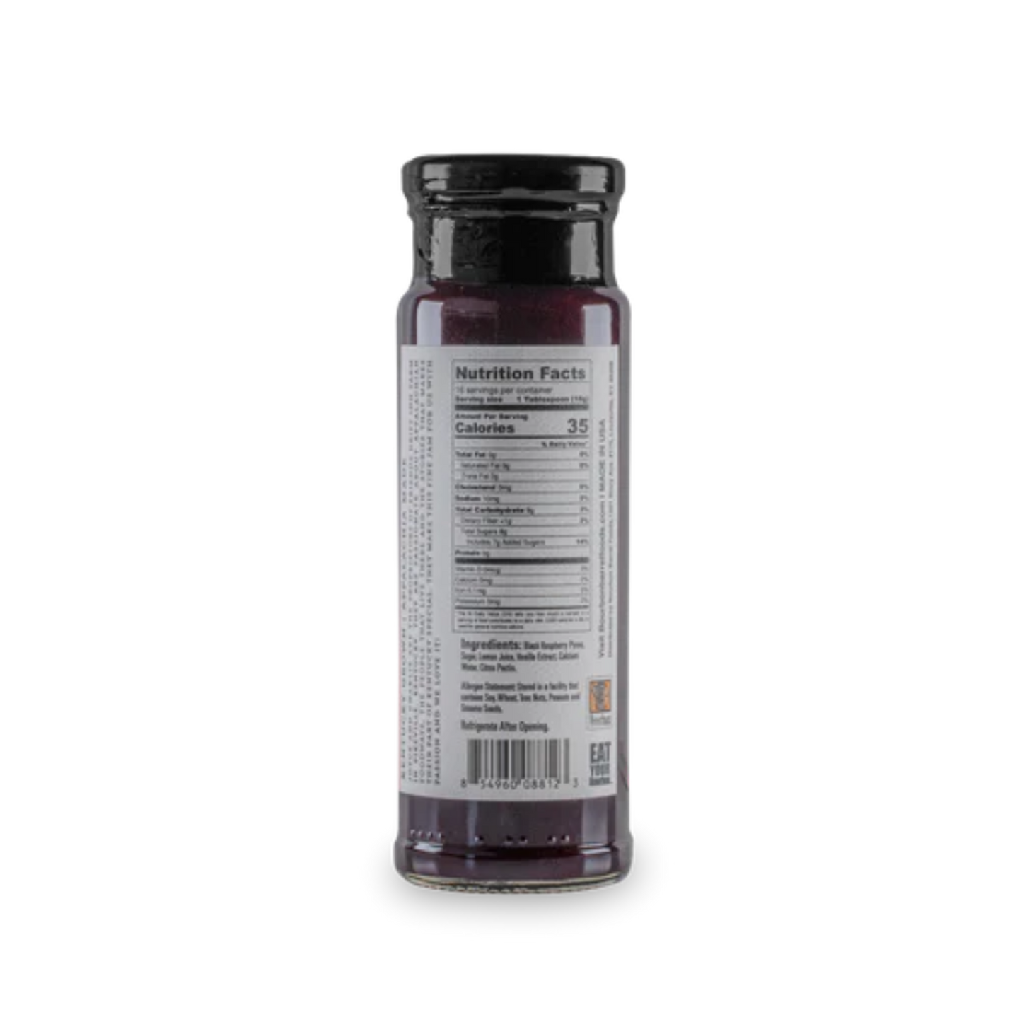 Black Raspberry Jam nutrition facts label showing ingredients and dietary information
