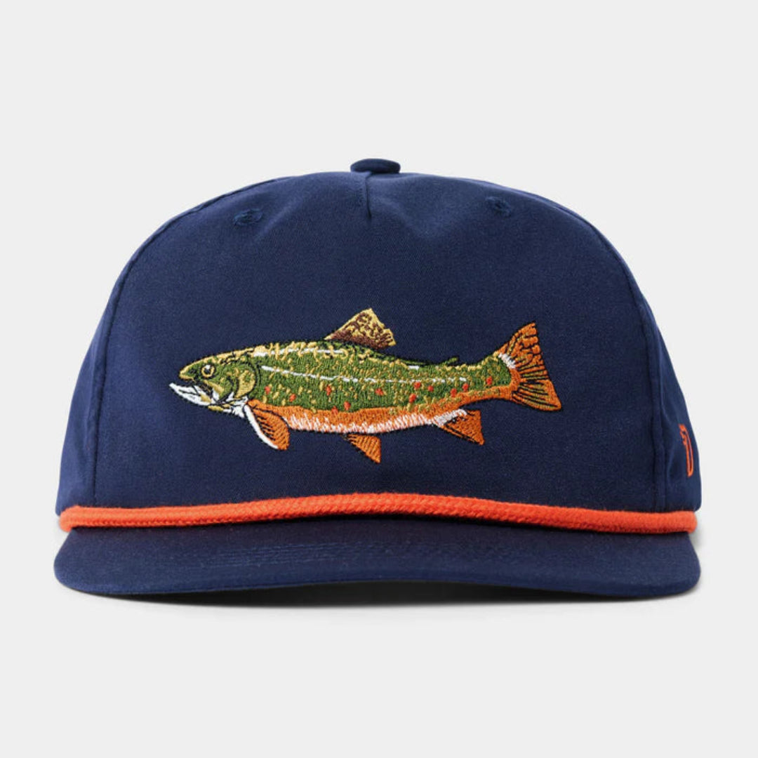 Navy blue cap with a fish design on a light gray background