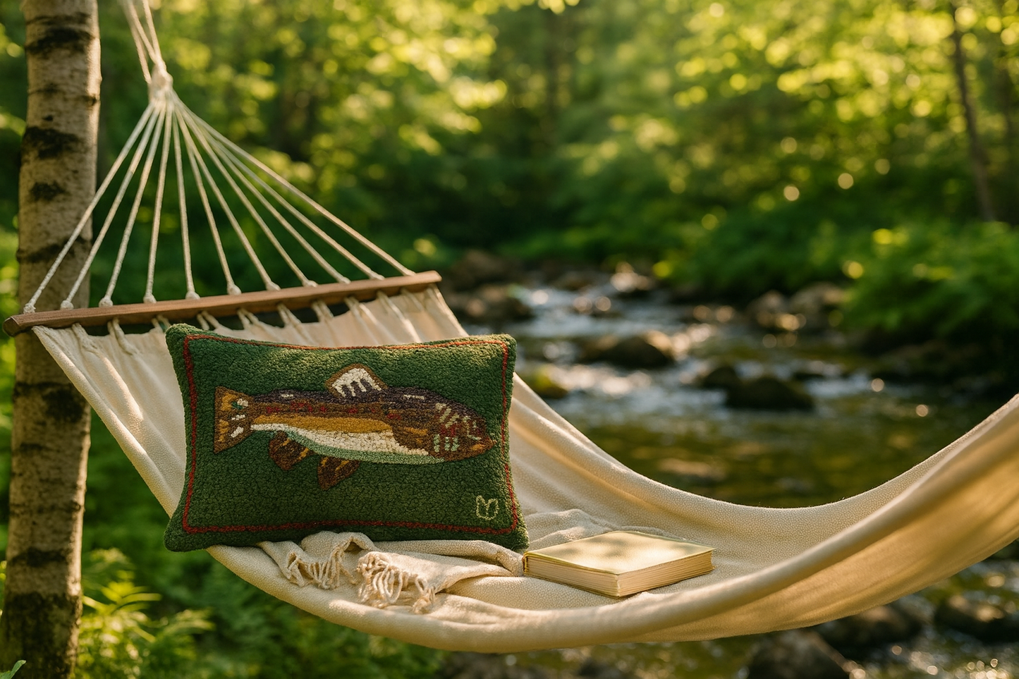 Hammock with a pillow and book in a forest setting by a stream