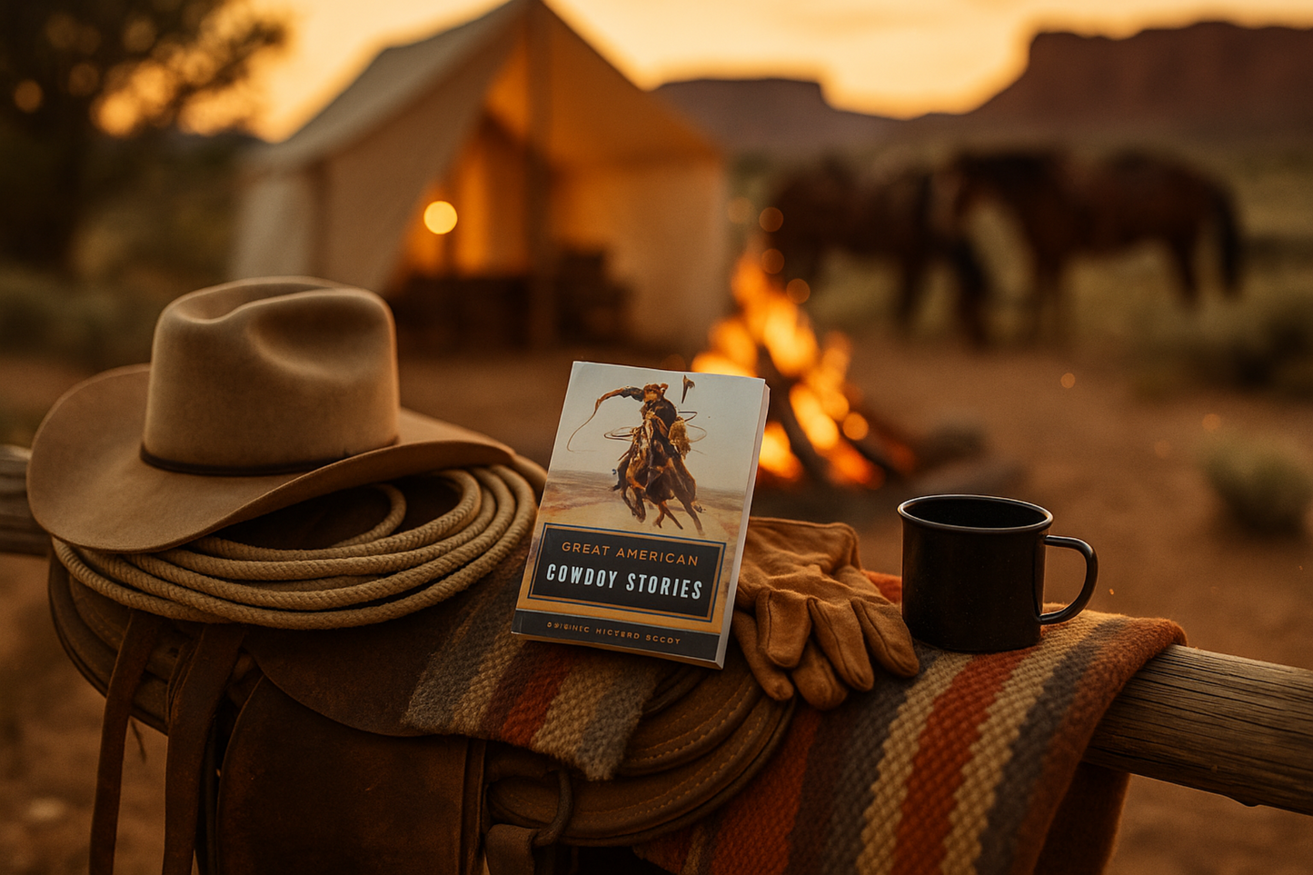 Cowboy hat, book titled 'Cowboy Stories', mug, and saddle blanket on a wooden bench with a campfire and tent in the background.