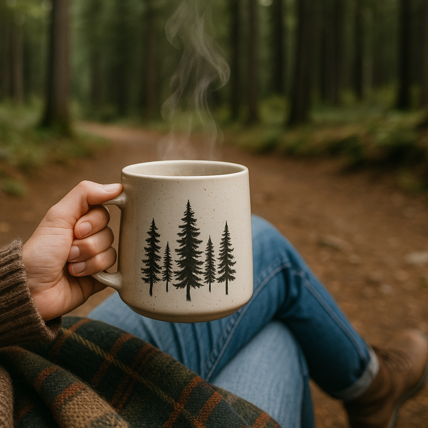 Person holding a mug with tree design in a forest setting