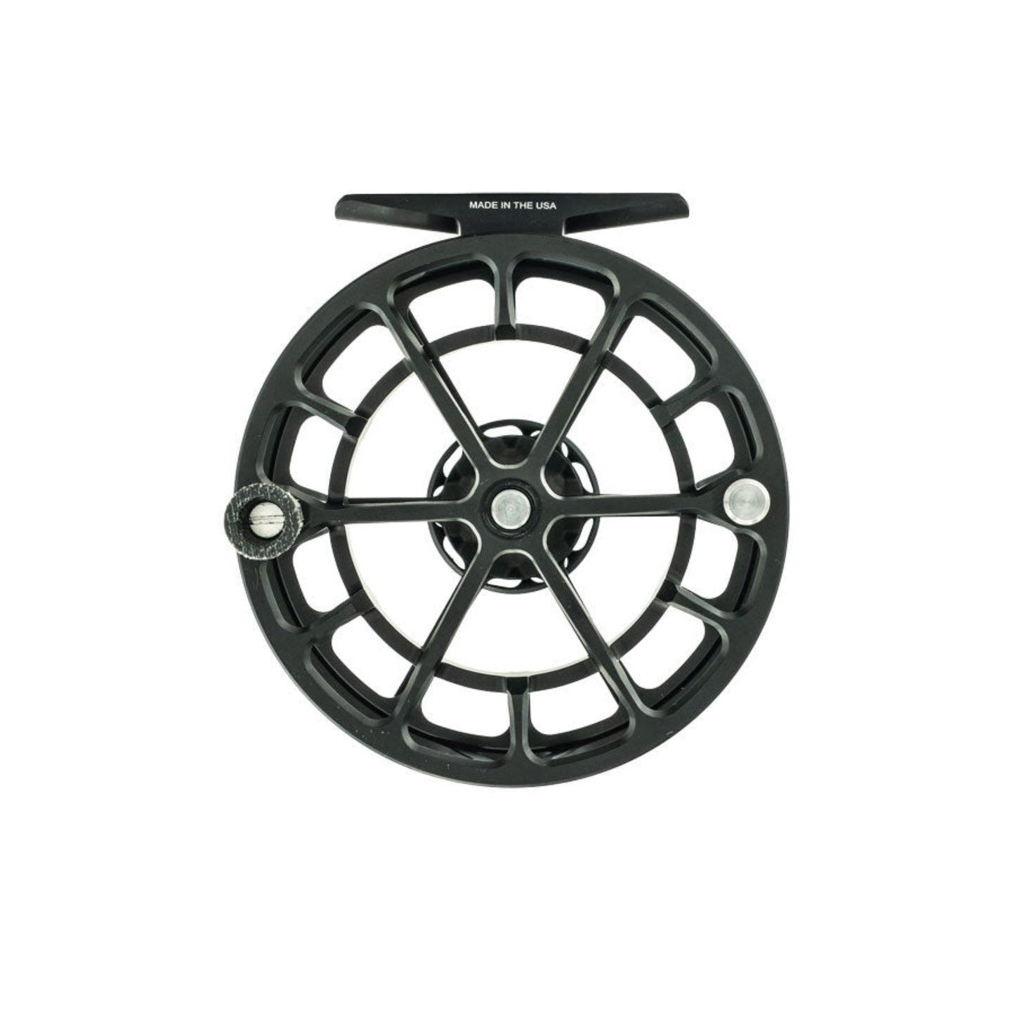 Black fly fishing reel on a white background