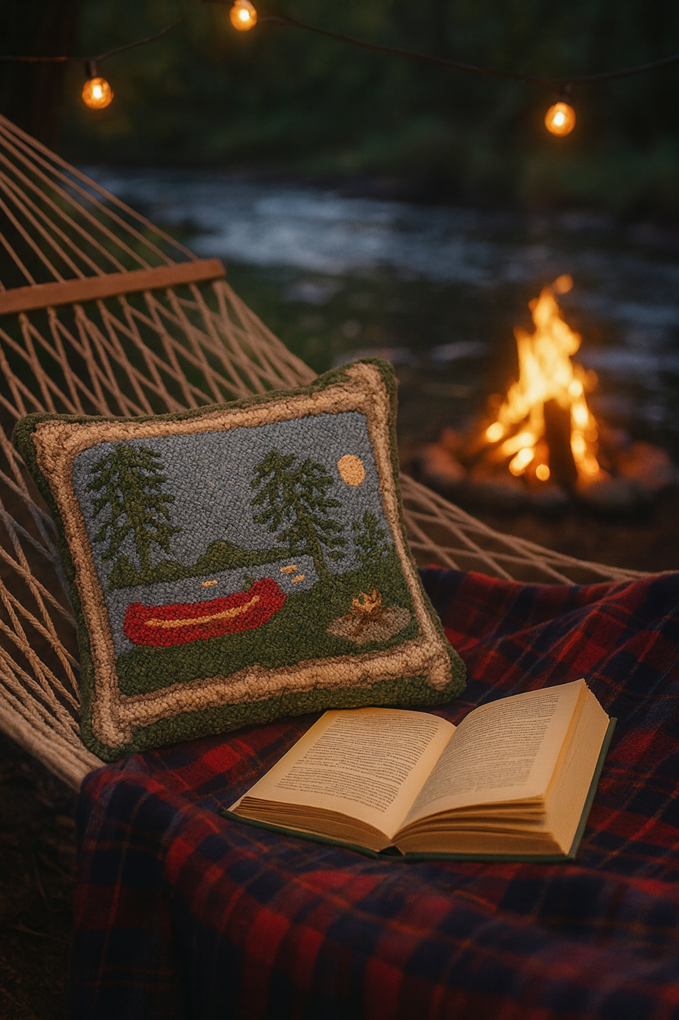 Hammock with a needlepoint pillow and open book by a campfire by a river