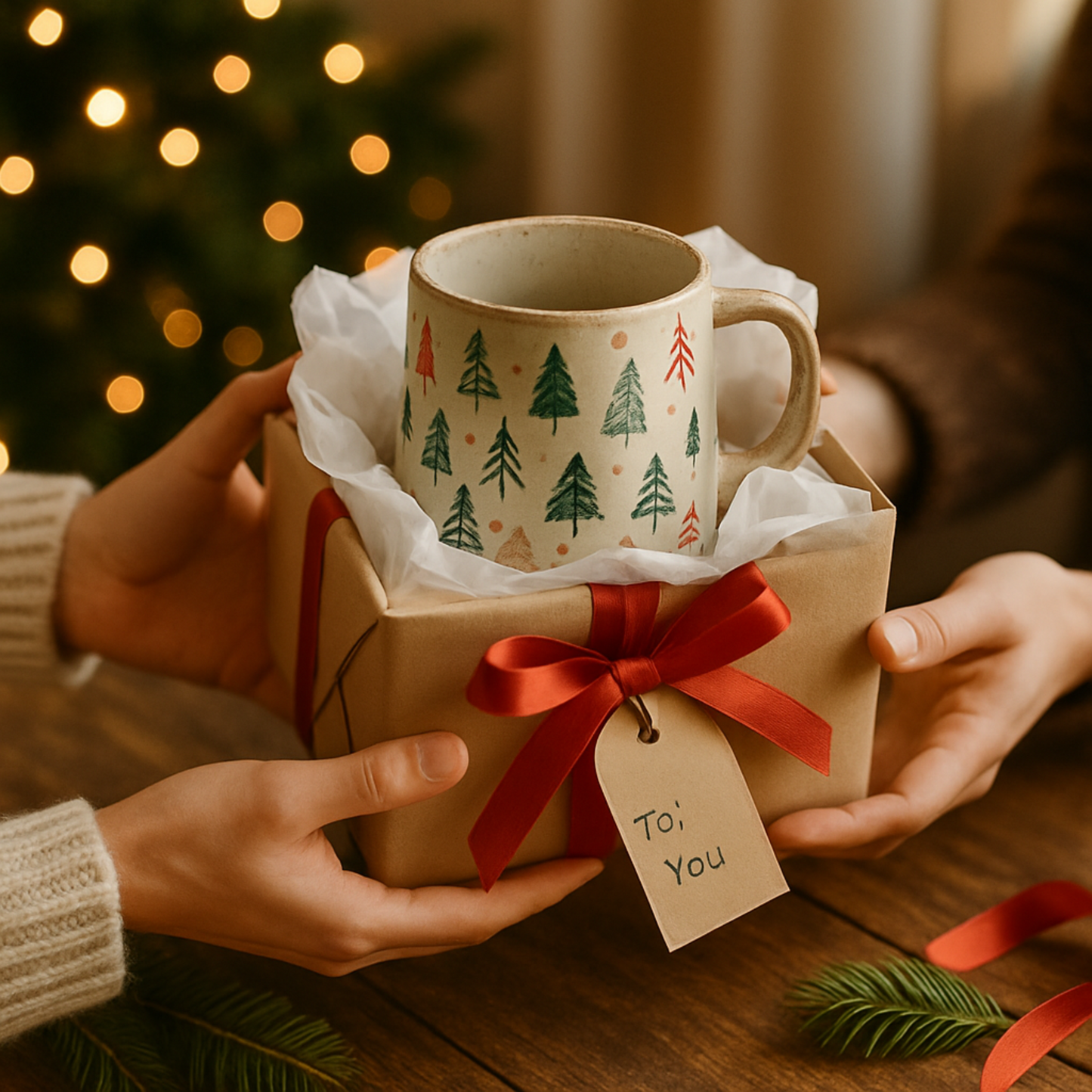Gift box with a mug featuring Christmas tree patterns, held by two people against a warm, blurred background.