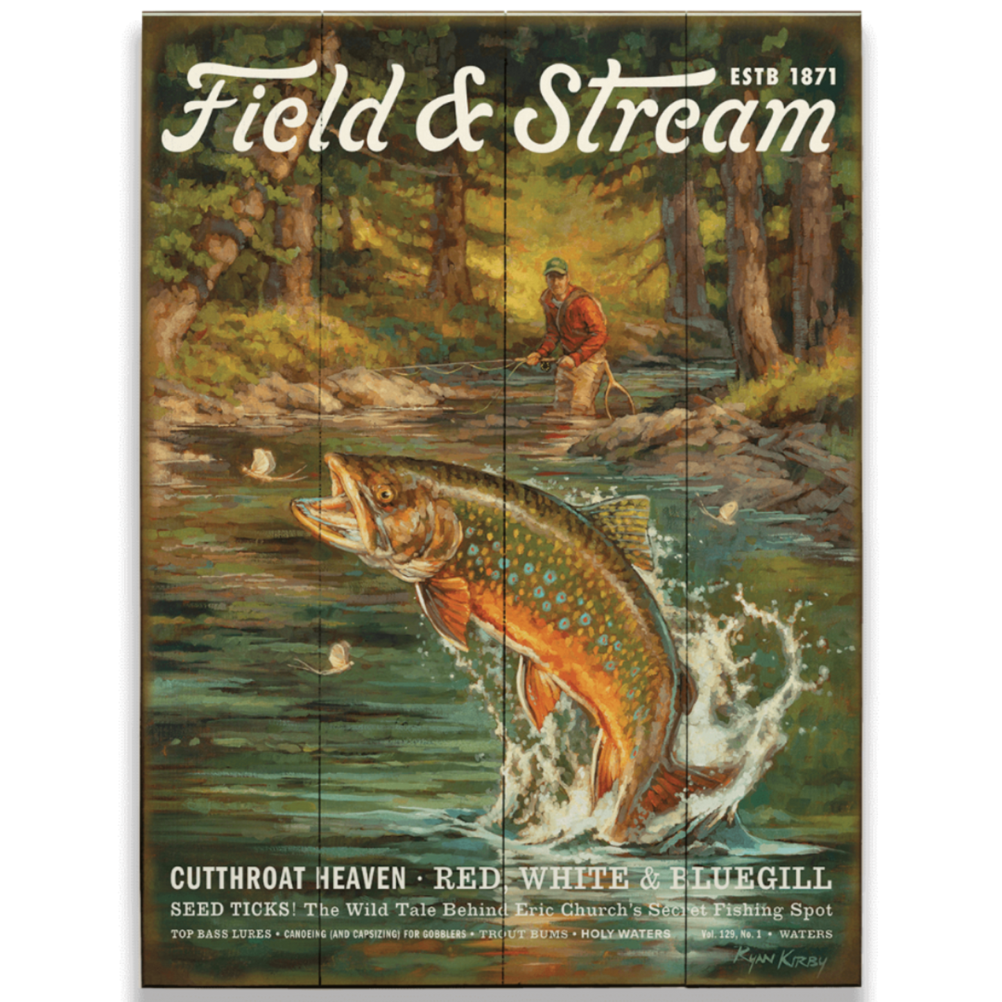 Field & Stream magazine cover with a fish and a person fishing in a forest setting.