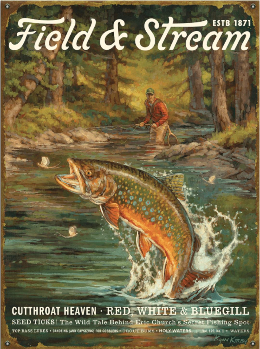 Vintage-style 'Field & Stream' magazine cover with a fish and a person fishing in a forest.