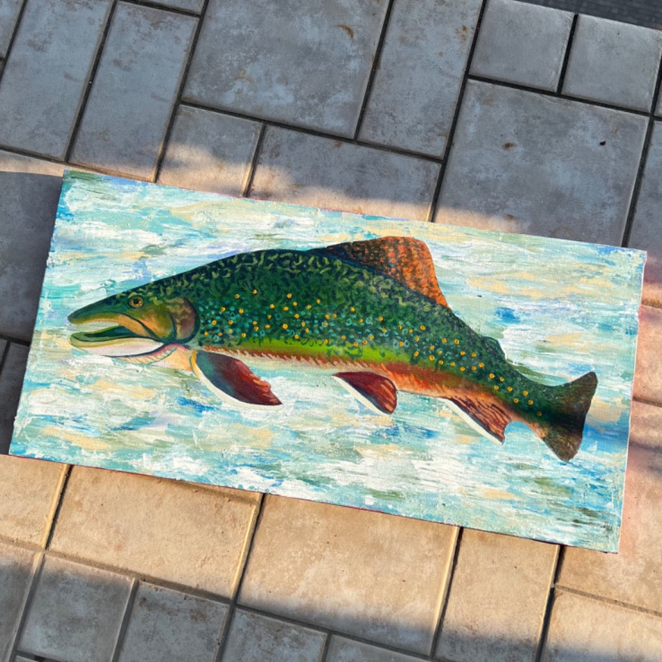 
                  
                    Art Bio: The Brook Trout. This work combines textures and techniques of acrylic painting to create a trout enveloped in an abstracted water space. The use of glazing creates a glow within the colors of the brook trout. All together the colors and techniques in this piece display the natural beauty of the brook trout.
                  
                