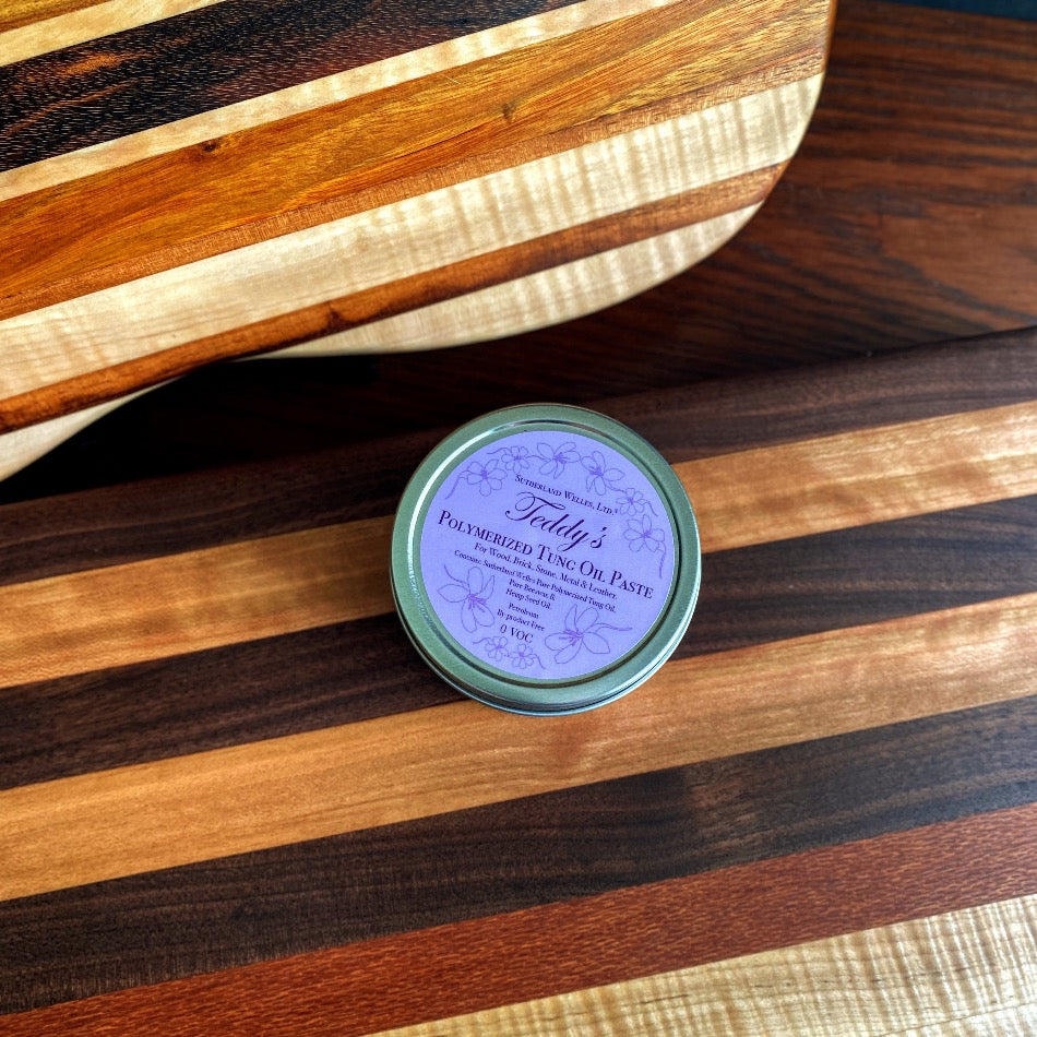 Teddy's Polymerized Tung Oil Paste  A luscious one to two coat finish that's simply satisfying. For Wood, Brick, Stone, Metal, & Leather. Contains: Pure Polymerized Tung Oil, Pure Beeswax, & Hemp Seed Oil.