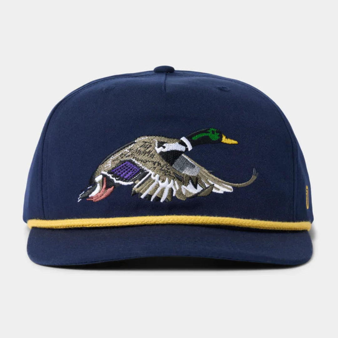 Navy blue cap with duck embroidery on a light gray background