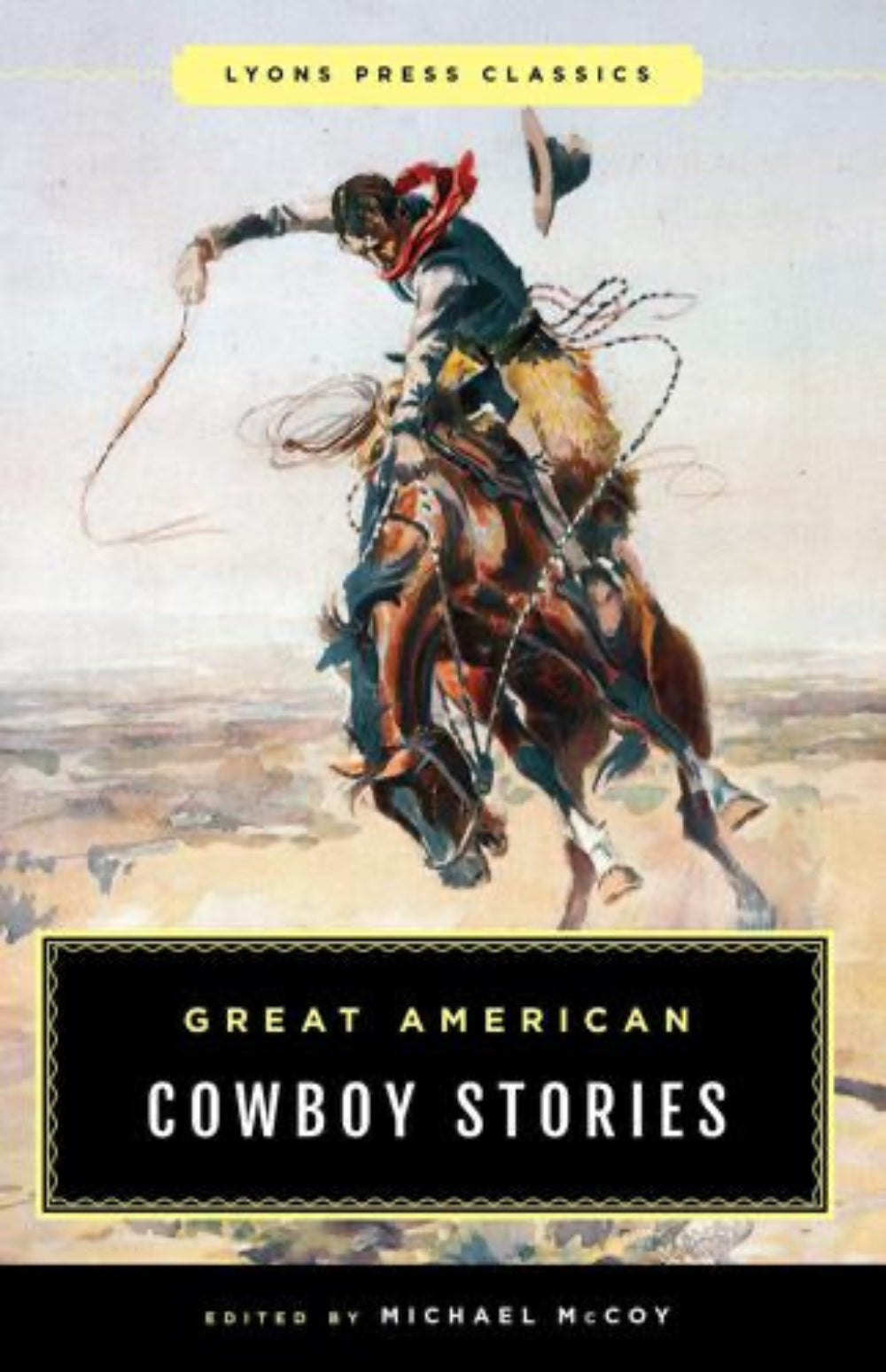 Book cover of 'Great American Cowboy Stories' with a cowboy on a horse illustration.