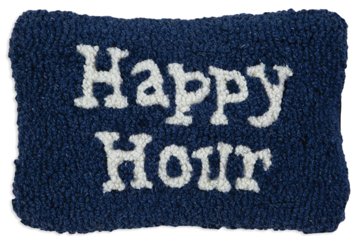 Navy blue pillow with 'Happy Hour' text in white on a white background